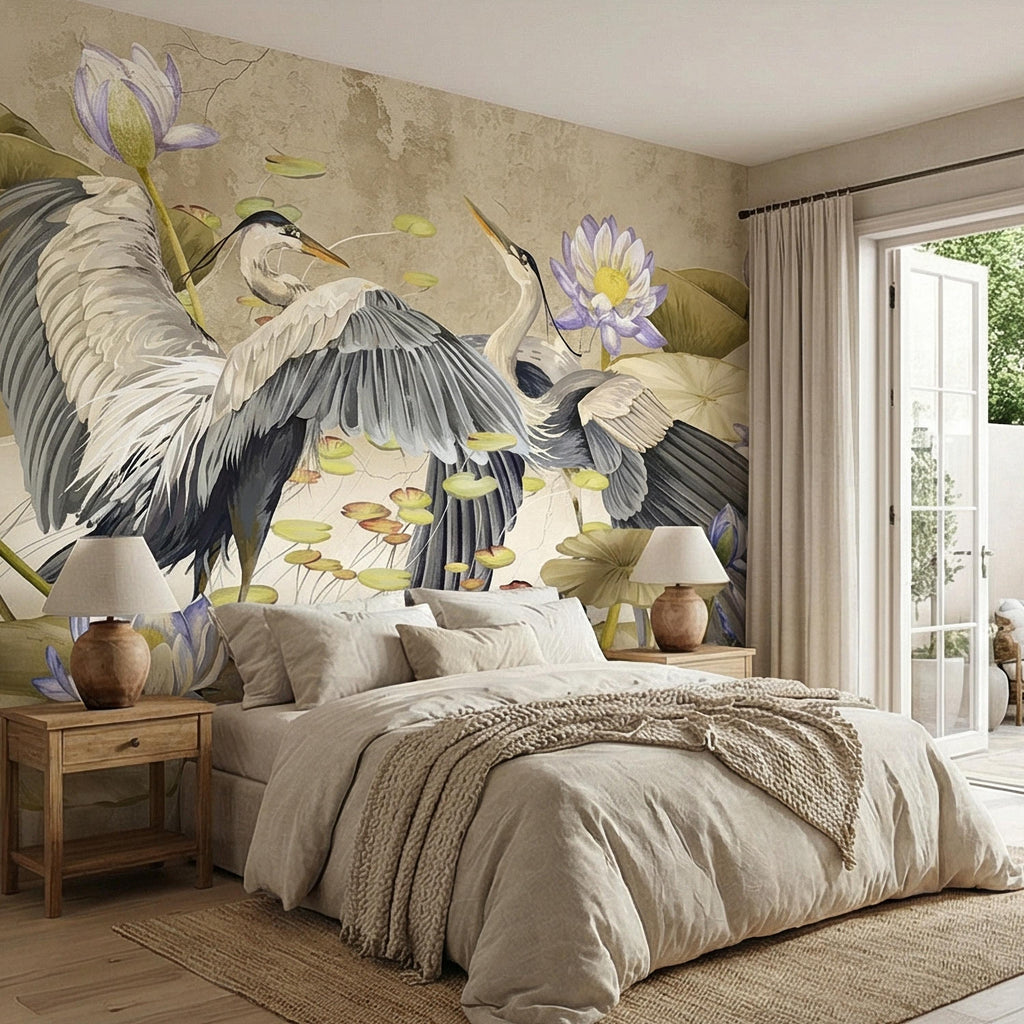 Heron Water Lily Peel and Stick Wall Mural, Chinoiserie Lotus Pond Birds, Vintage Botanical Lily Pad, Soft Blue Beige Wallpaper