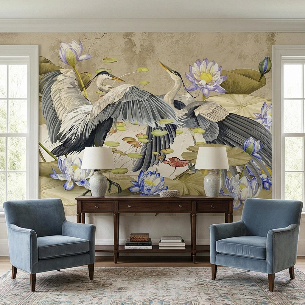 Heron Water Lily Peel and Stick Wall Mural, Chinoiserie Lotus Pond Birds, Vintage Botanical Lily Pad, Soft Blue Beige Wallpaper