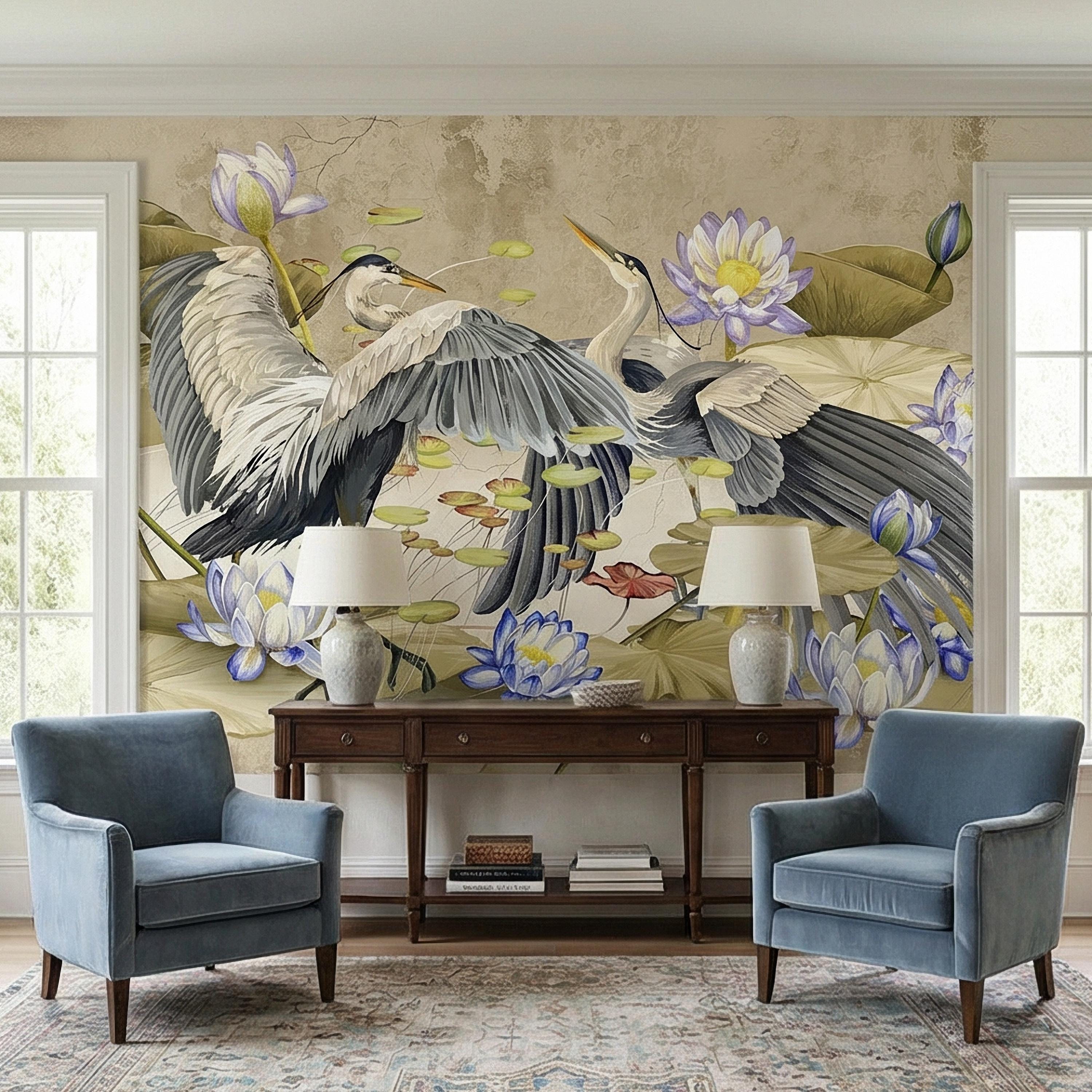 Heron Water Lily Peel and Stick Wall Mural, Chinoiserie Lotus Pond Birds, Vintage Botanical Lily Pad, Soft Blue Beige Wallpaper