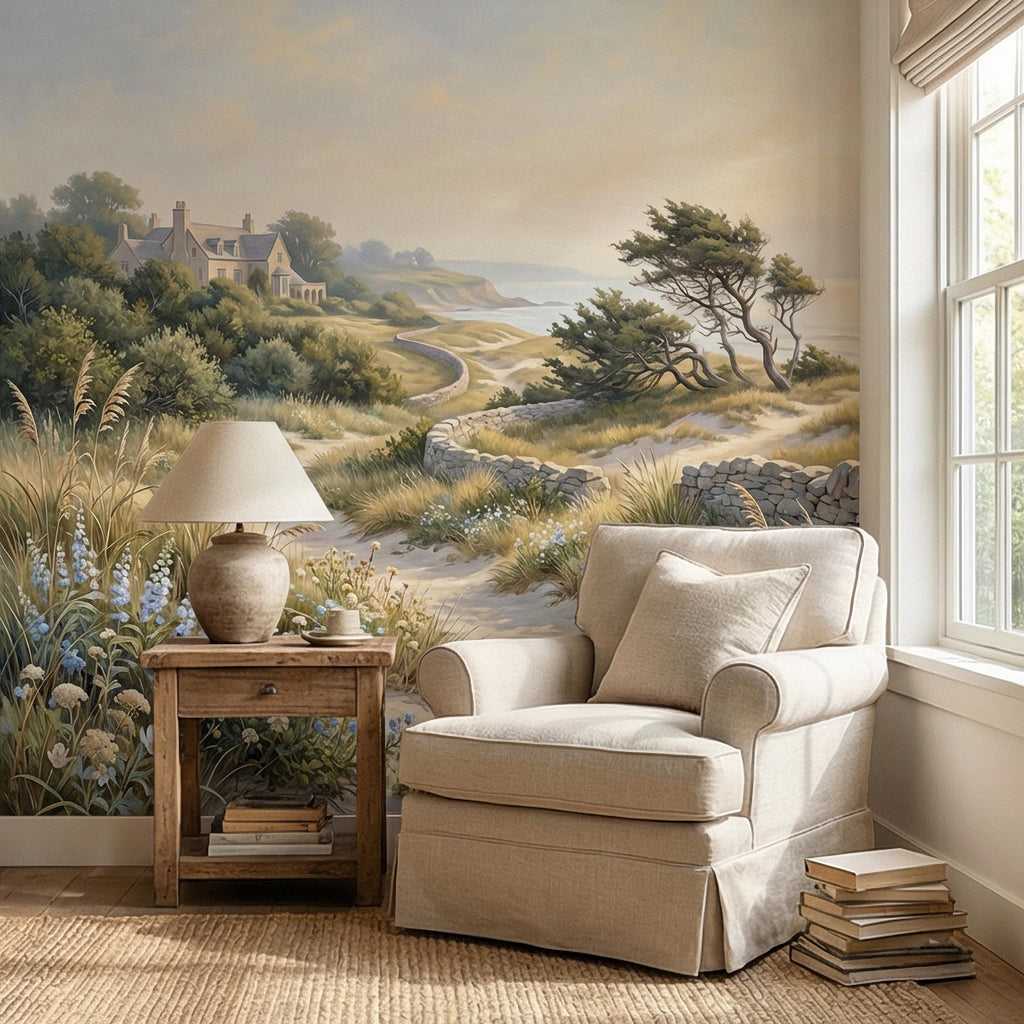 Cape Cod Coastal Path Peel and Stick Wall Mural, New England Seaside Cottage View, Soft Beach Landscape Wallpaper