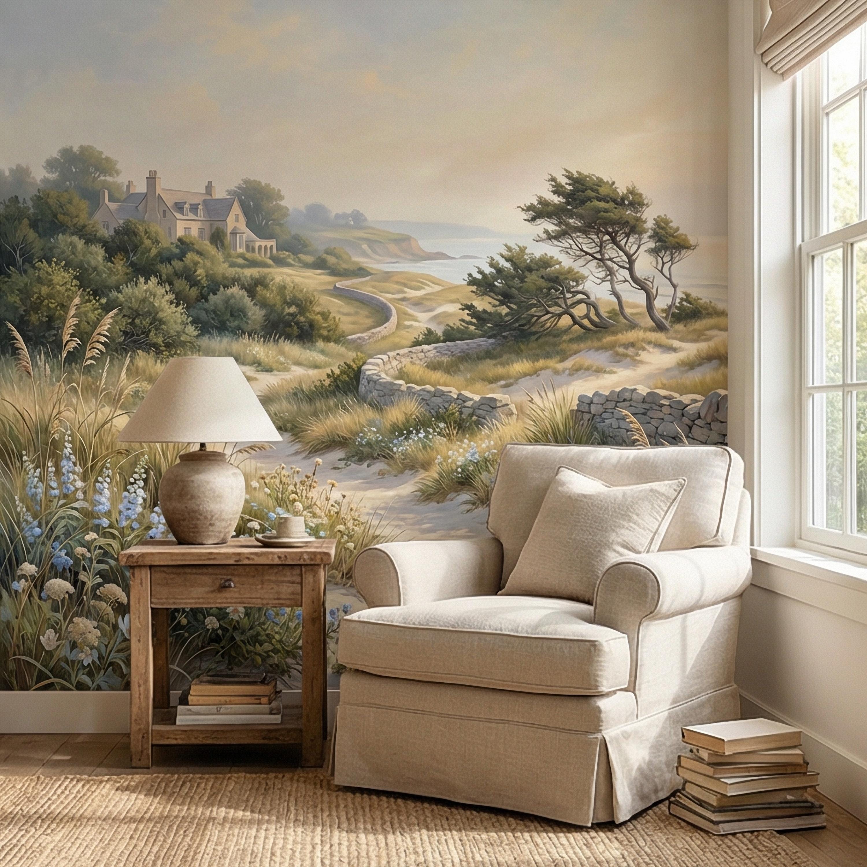 Cape Cod Coastal Path Peel and Stick Wall Mural, New England Seaside Cottage View, Soft Beach Landscape Wallpaper