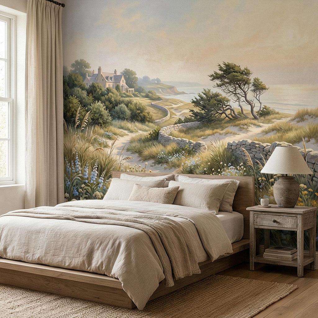 Cape Cod Coastal Path Peel and Stick Wall Mural, New England Seaside Cottage View, Soft Beach Landscape Wallpaper