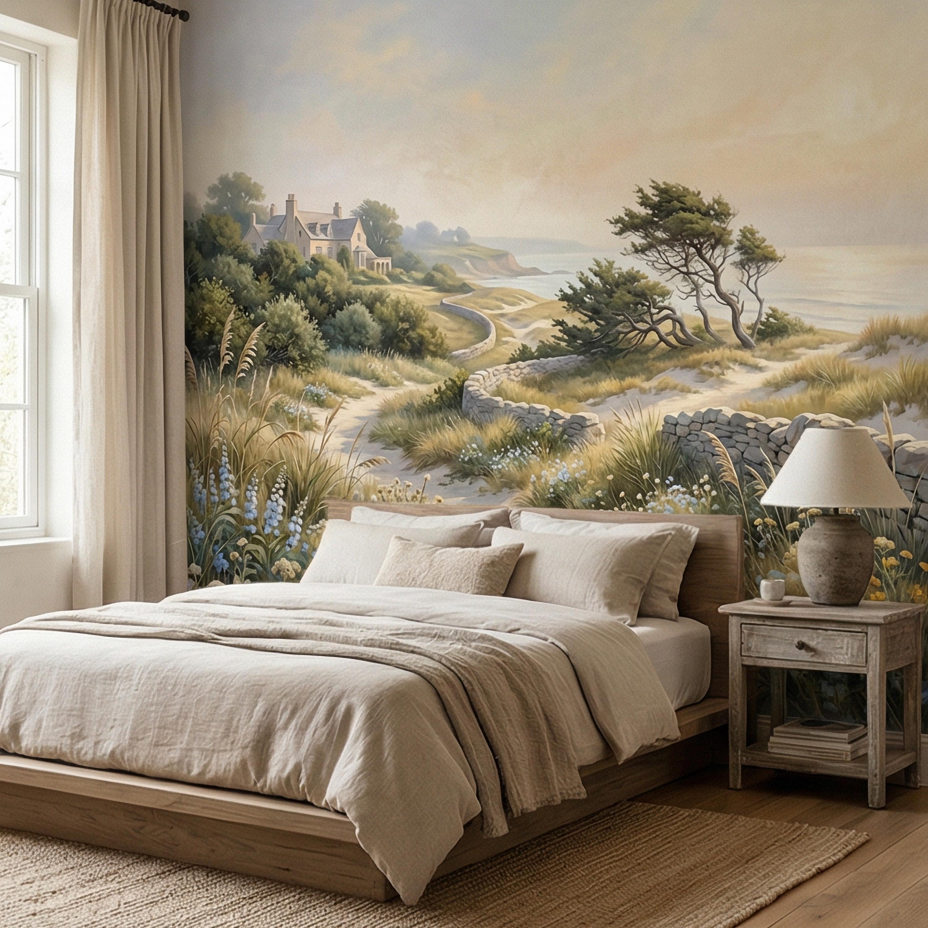 Cape Cod Coastal Path Peel and Stick Wall Mural, New England Seaside Cottage View, Soft Beach Landscape Wallpaper