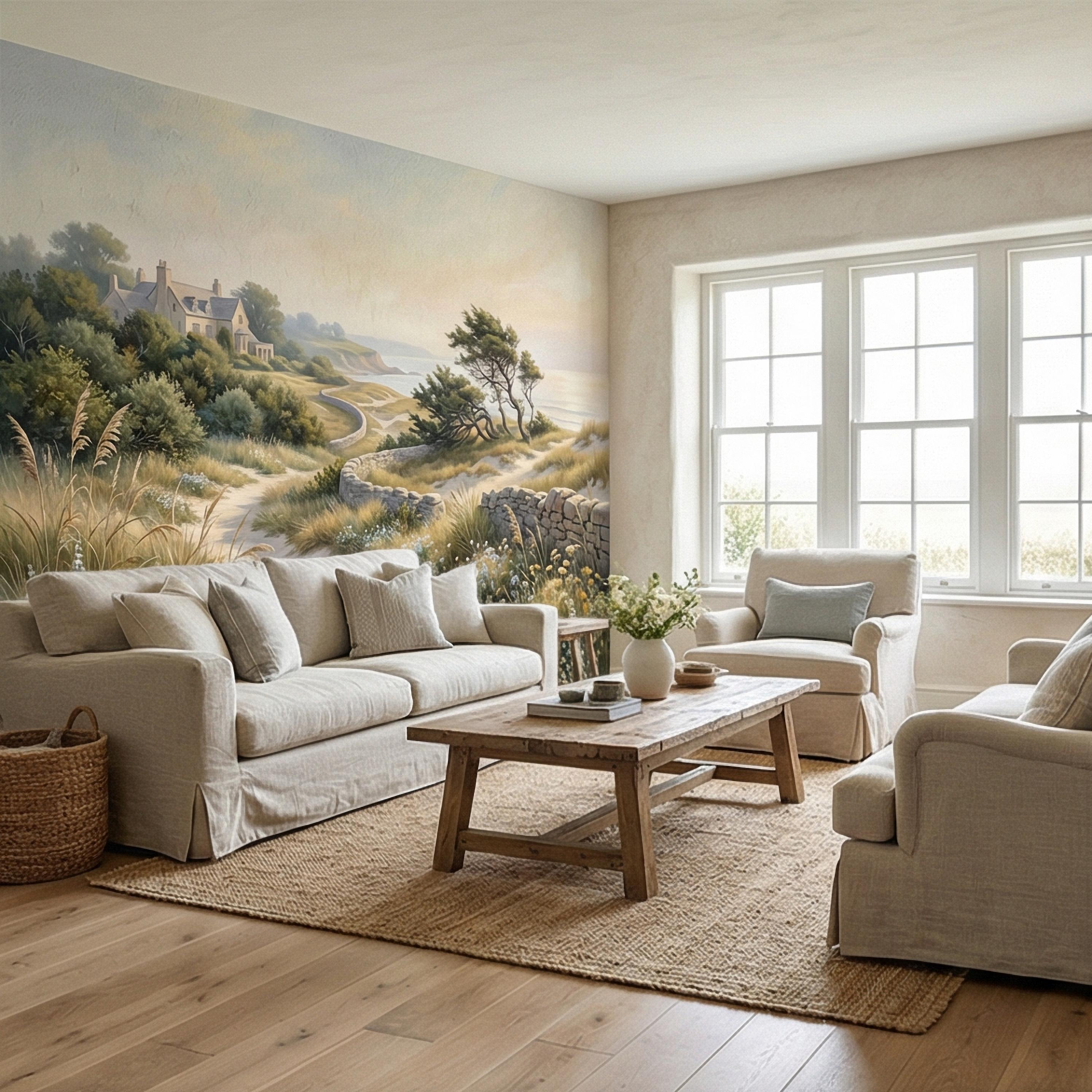 Cape Cod Coastal Path Peel and Stick Wall Mural, New England Seaside Cottage View, Soft Beach Landscape Wallpaper