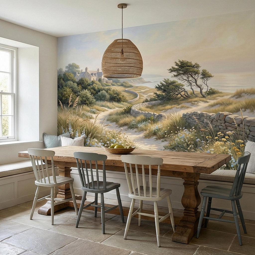 Cape Cod Coastal Path Peel and Stick Wall Mural, New England Seaside Cottage View, Soft Beach Landscape Wallpaper