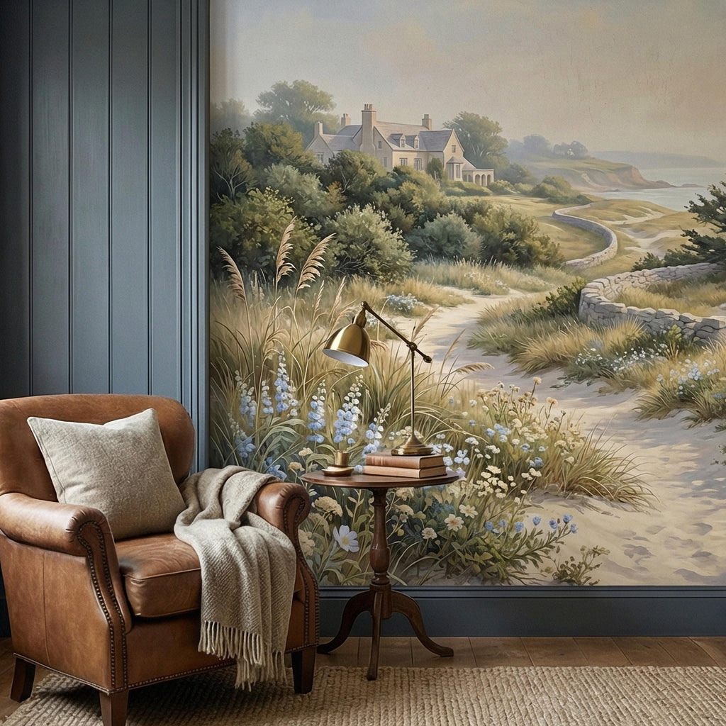 Cape Cod Coastal Path Peel and Stick Wall Mural, New England Seaside Cottage View, Soft Beach Landscape Wallpaper