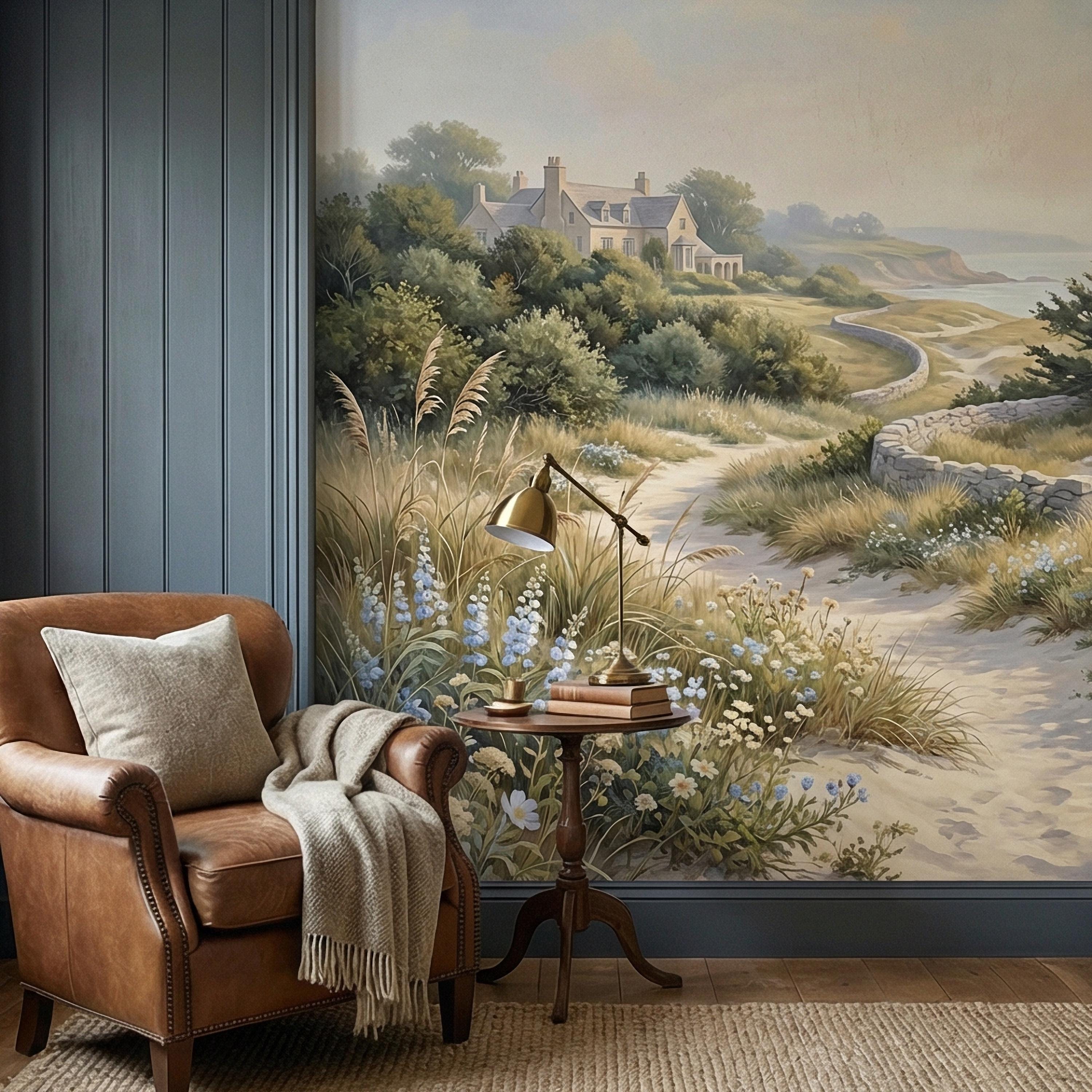 Cape Cod Coastal Path Peel and Stick Wall Mural, New England Seaside Cottage View, Soft Beach Landscape Wallpaper
