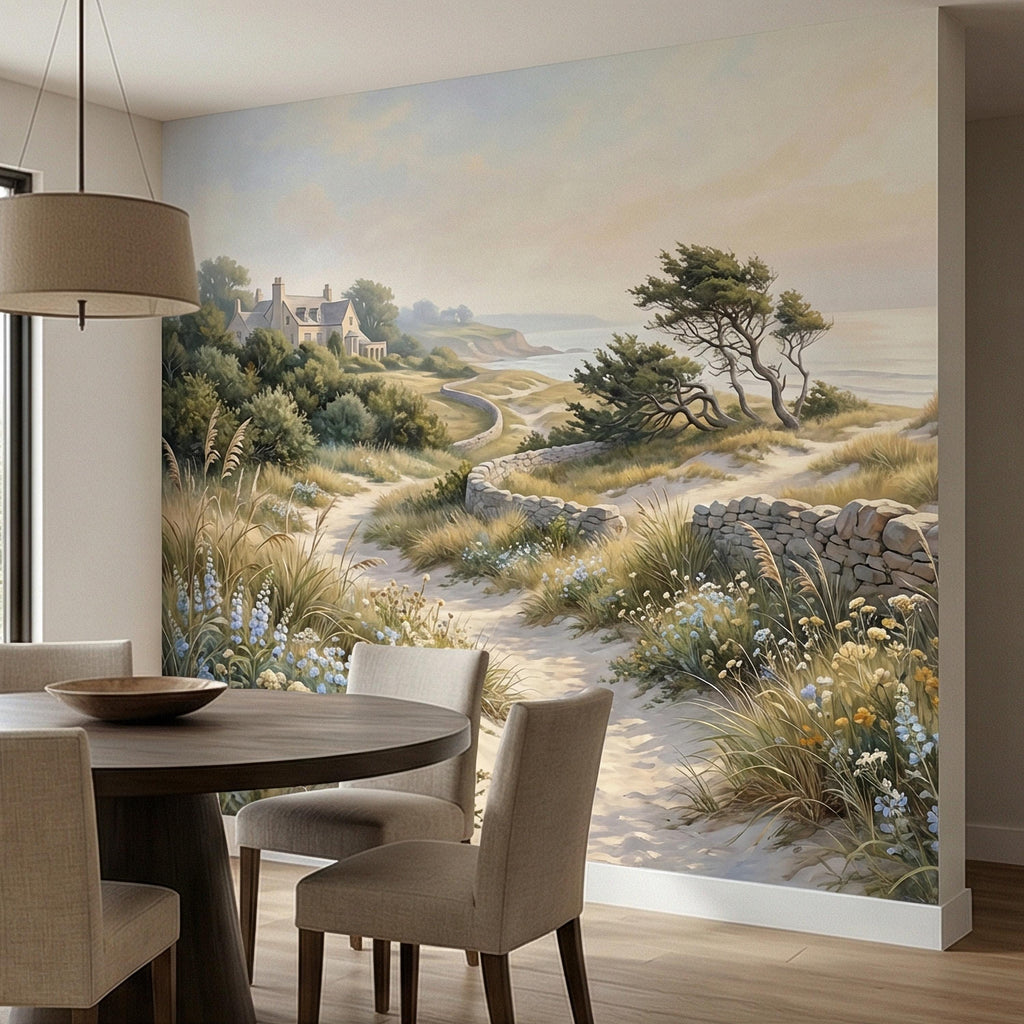 Cape Cod Coastal Path Peel and Stick Wall Mural, New England Seaside Cottage View, Soft Beach Landscape Wallpaper