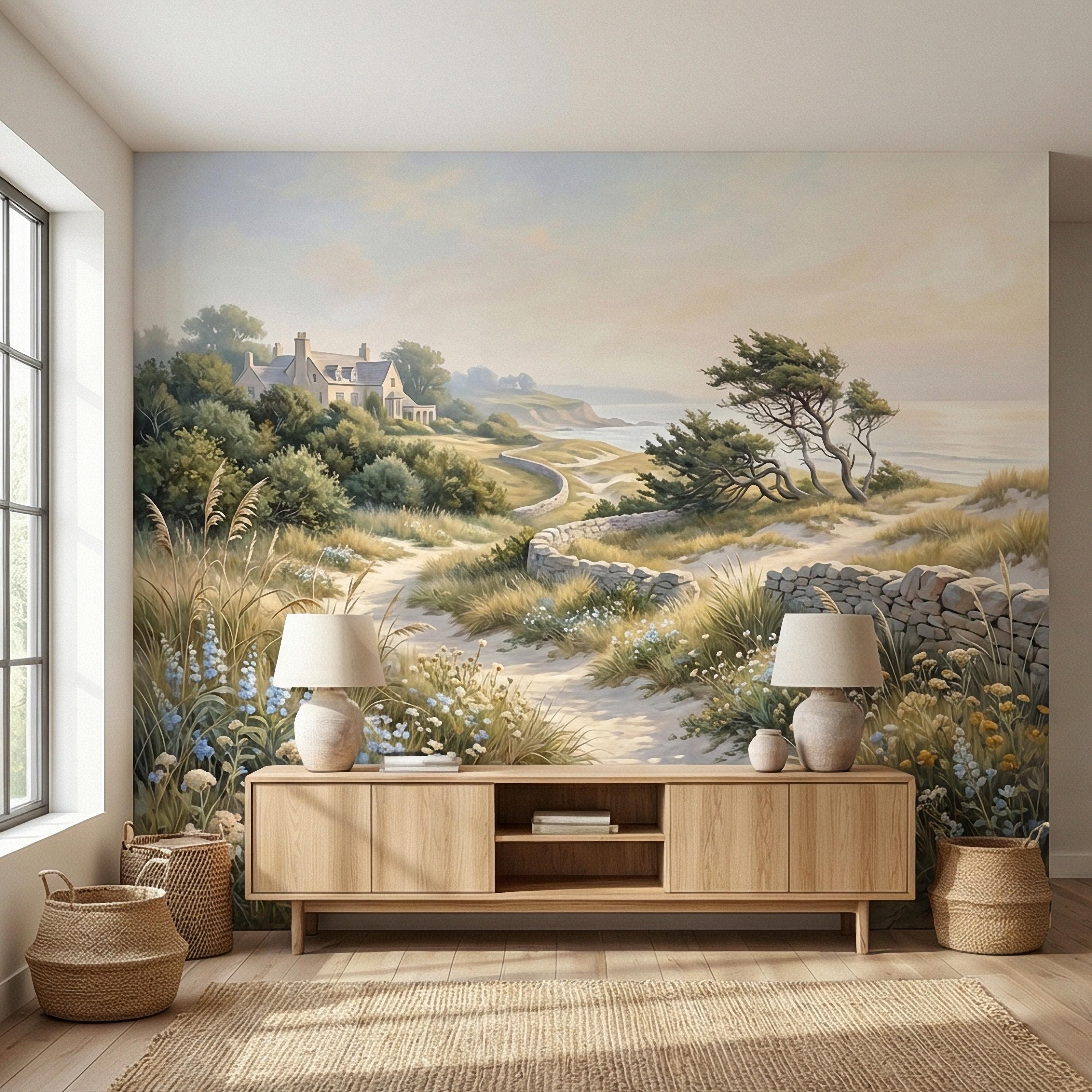 Cape Cod Coastal Path Peel and Stick Wall Mural, New England Seaside Cottage View, Soft Beach Landscape Wallpaper