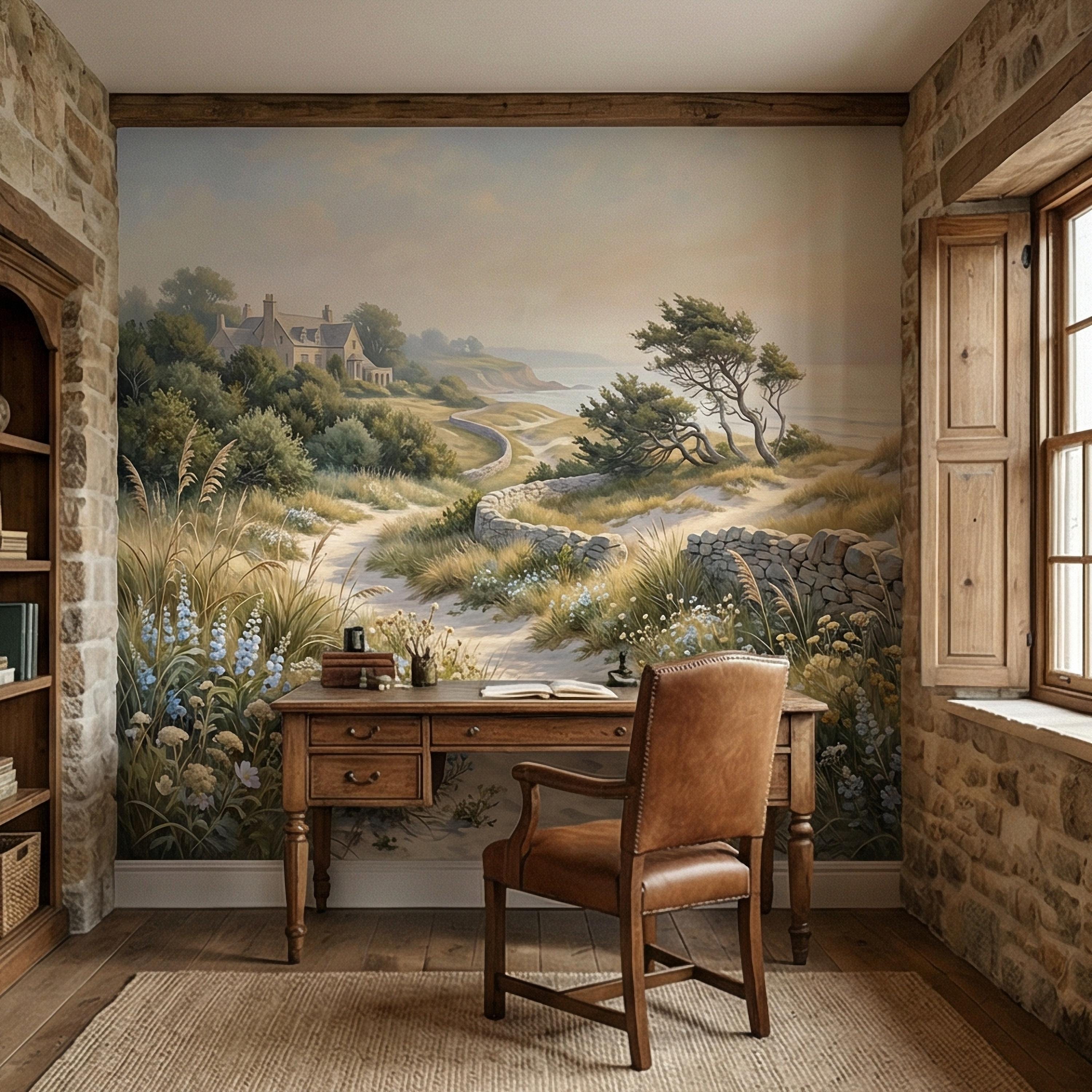 Cape Cod Coastal Path Peel and Stick Wall Mural, New England Seaside Cottage View, Soft Beach Landscape Wallpaper