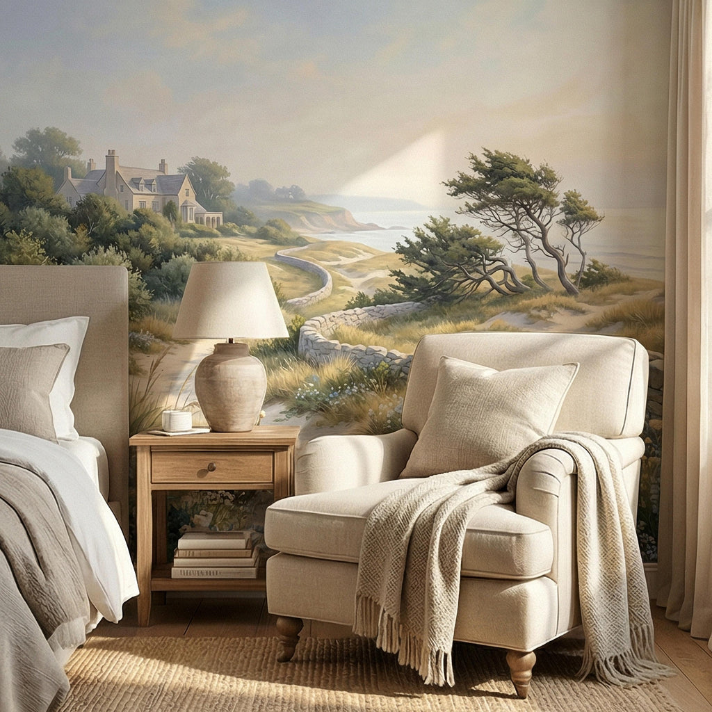 Cape Cod Coastal Path Peel and Stick Wall Mural, New England Seaside Cottage View, Soft Beach Landscape Wallpaper