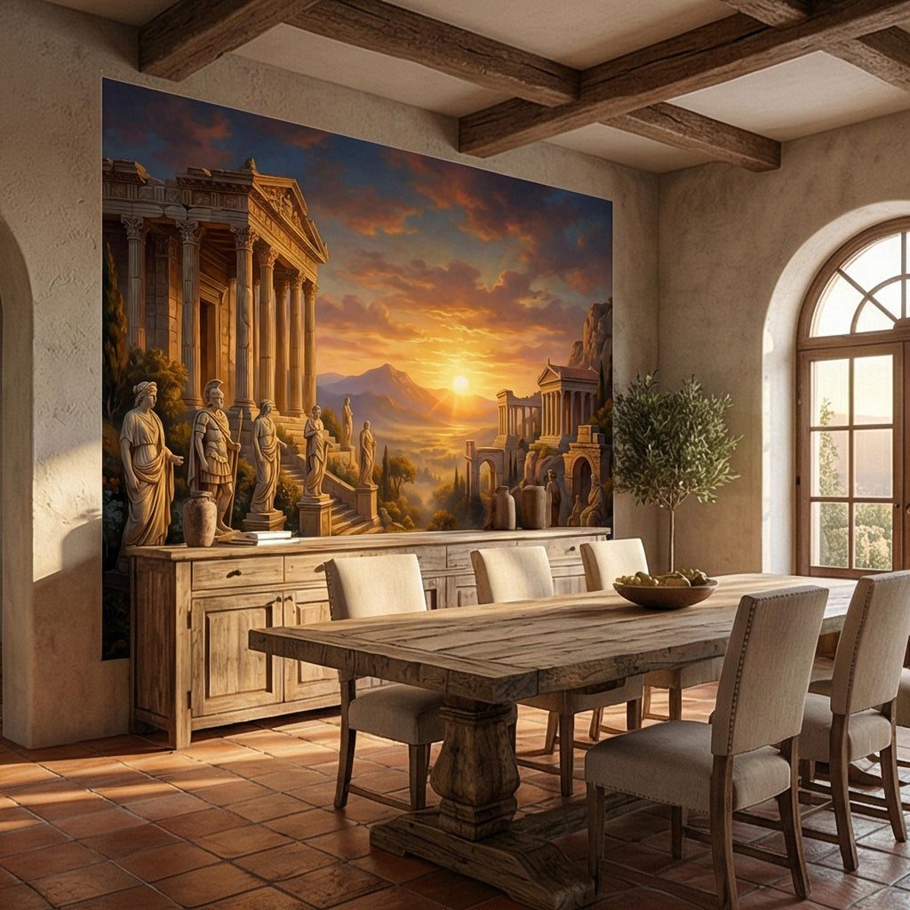 Ancient Greek Temple Peel and Stick Wall Mural, Classical Ruins Sunset Landscape, Mythic Mediterranean Wallpaper