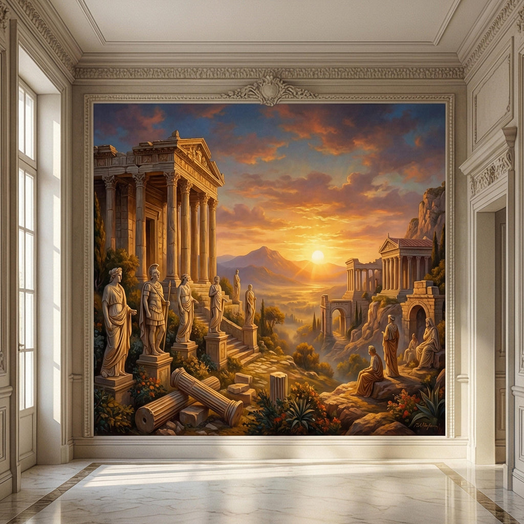 Ancient Greek Temple Peel and Stick Wall Mural, Classical Ruins Sunset Landscape, Mythic Mediterranean Wallpaper