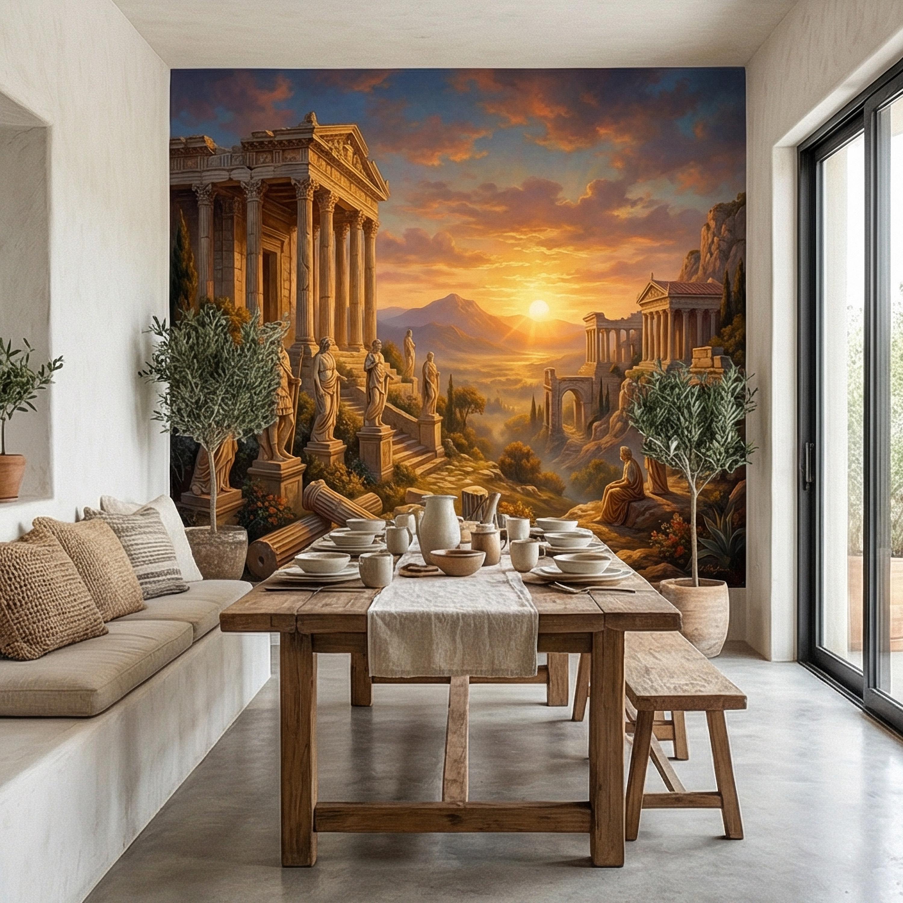 Ancient Greek Temple Peel and Stick Wall Mural, Classical Ruins Sunset Landscape, Mythic Mediterranean Wallpaper