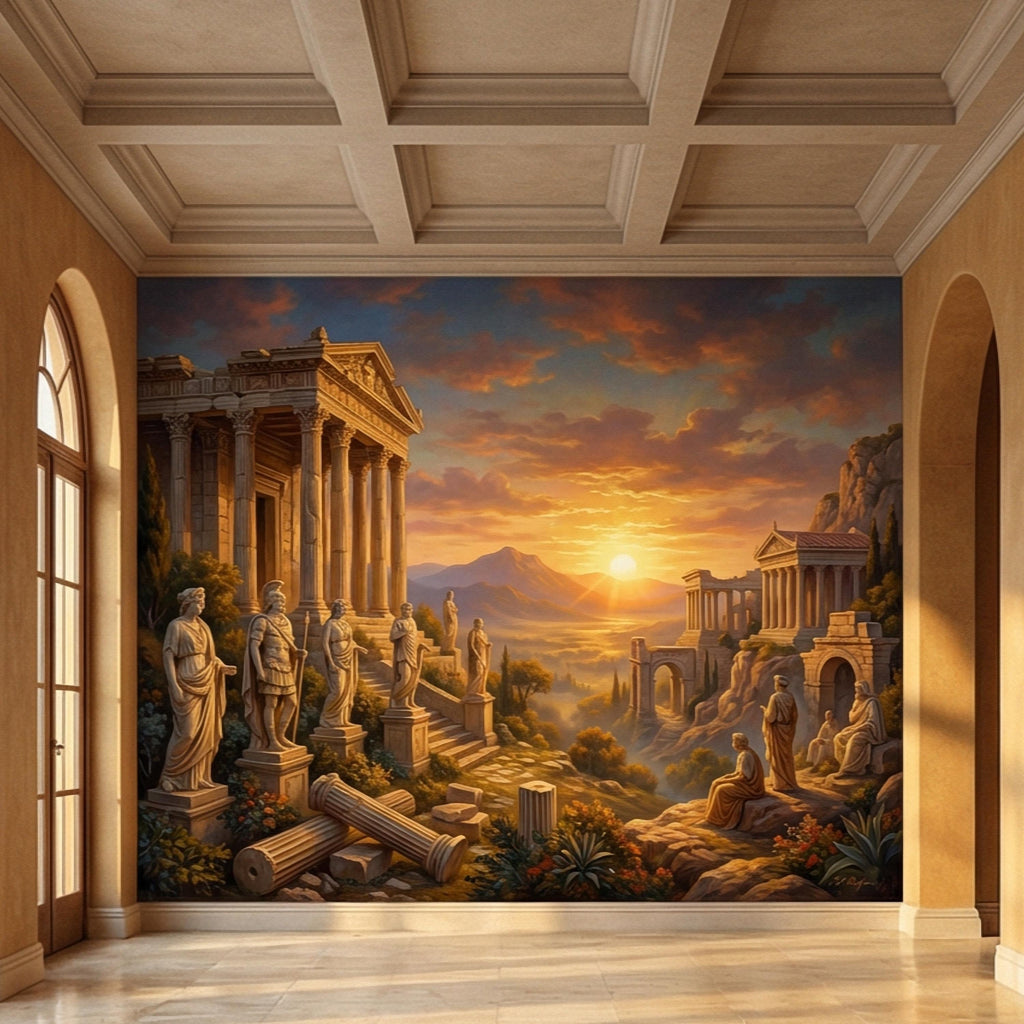 Ancient Greek Temple Peel and Stick Wall Mural, Classical Ruins Sunset Landscape, Mythic Mediterranean Wallpaper