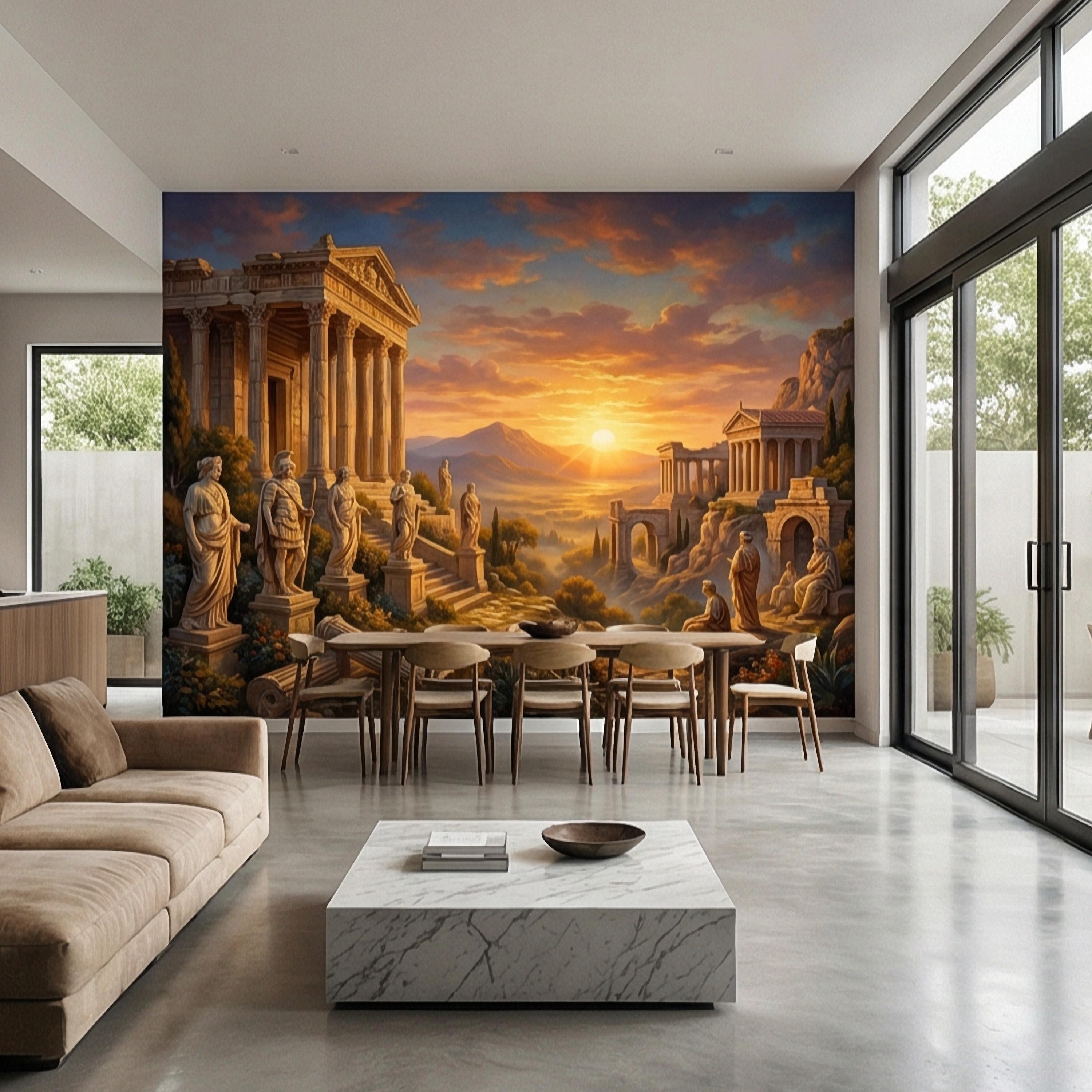 Ancient Greek Temple Peel and Stick Wall Mural, Classical Ruins Sunset Landscape, Mythic Mediterranean Wallpaper