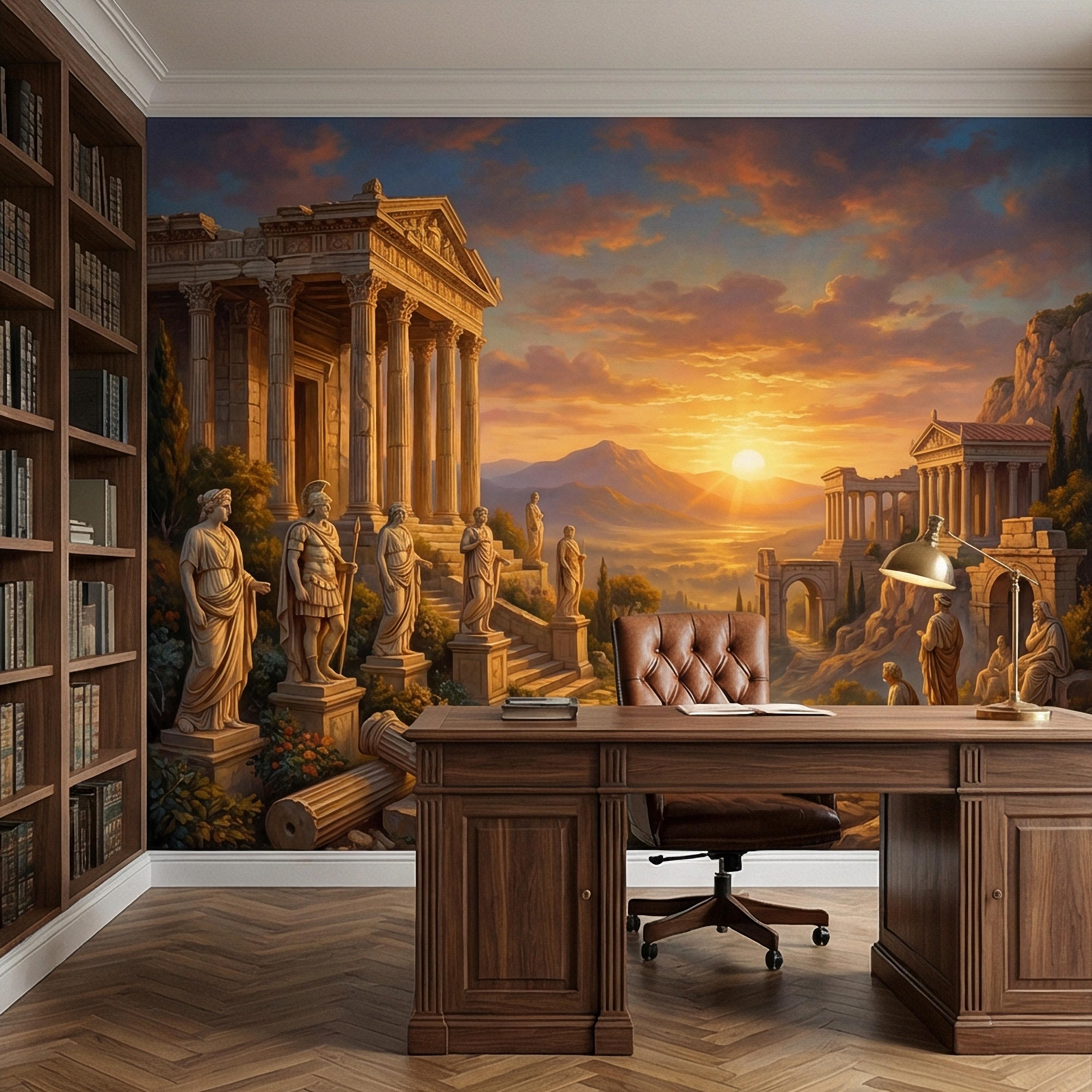 Ancient Greek Temple Peel and Stick Wall Mural, Classical Ruins Sunset Landscape, Mythic Mediterranean Wallpaper