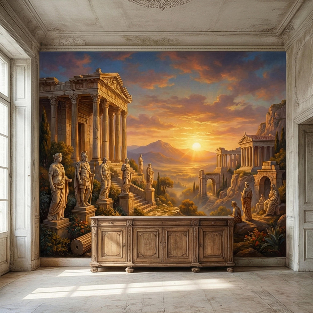 Ancient Greek Temple Peel and Stick Wall Mural, Classical Ruins Sunset Landscape, Mythic Mediterranean Wallpaper