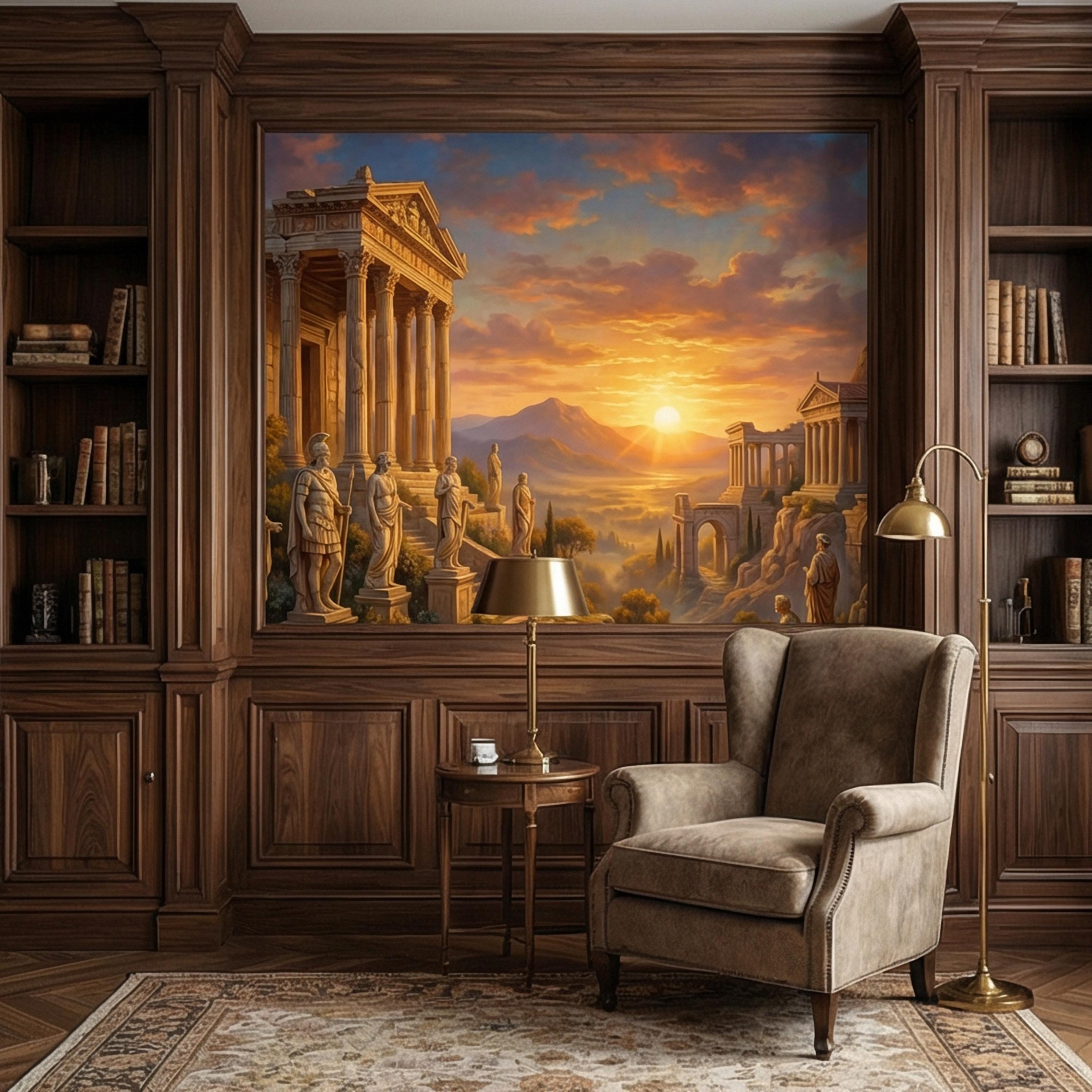 Ancient Greek Temple Peel and Stick Wall Mural, Classical Ruins Sunset Landscape, Mythic Mediterranean Wallpaper