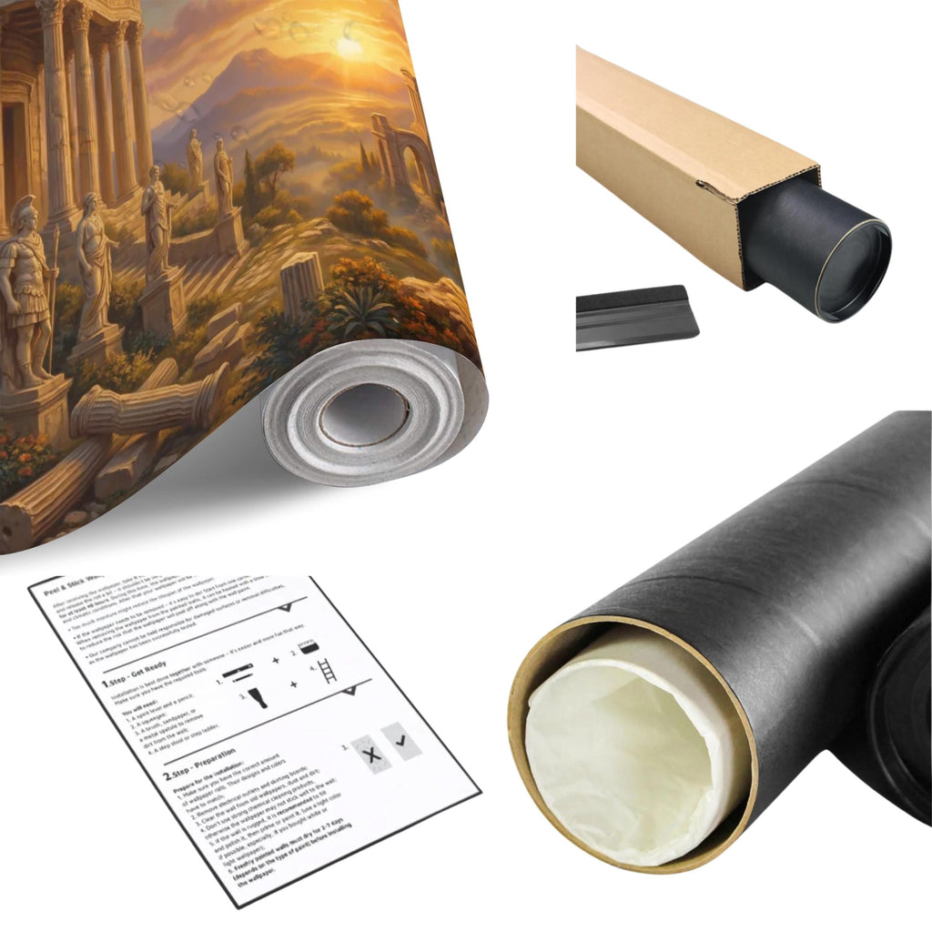 Ancient Greek Temple Peel and Stick Wall Mural, Classical Ruins Sunset Landscape, Mythic Mediterranean Wallpaper
