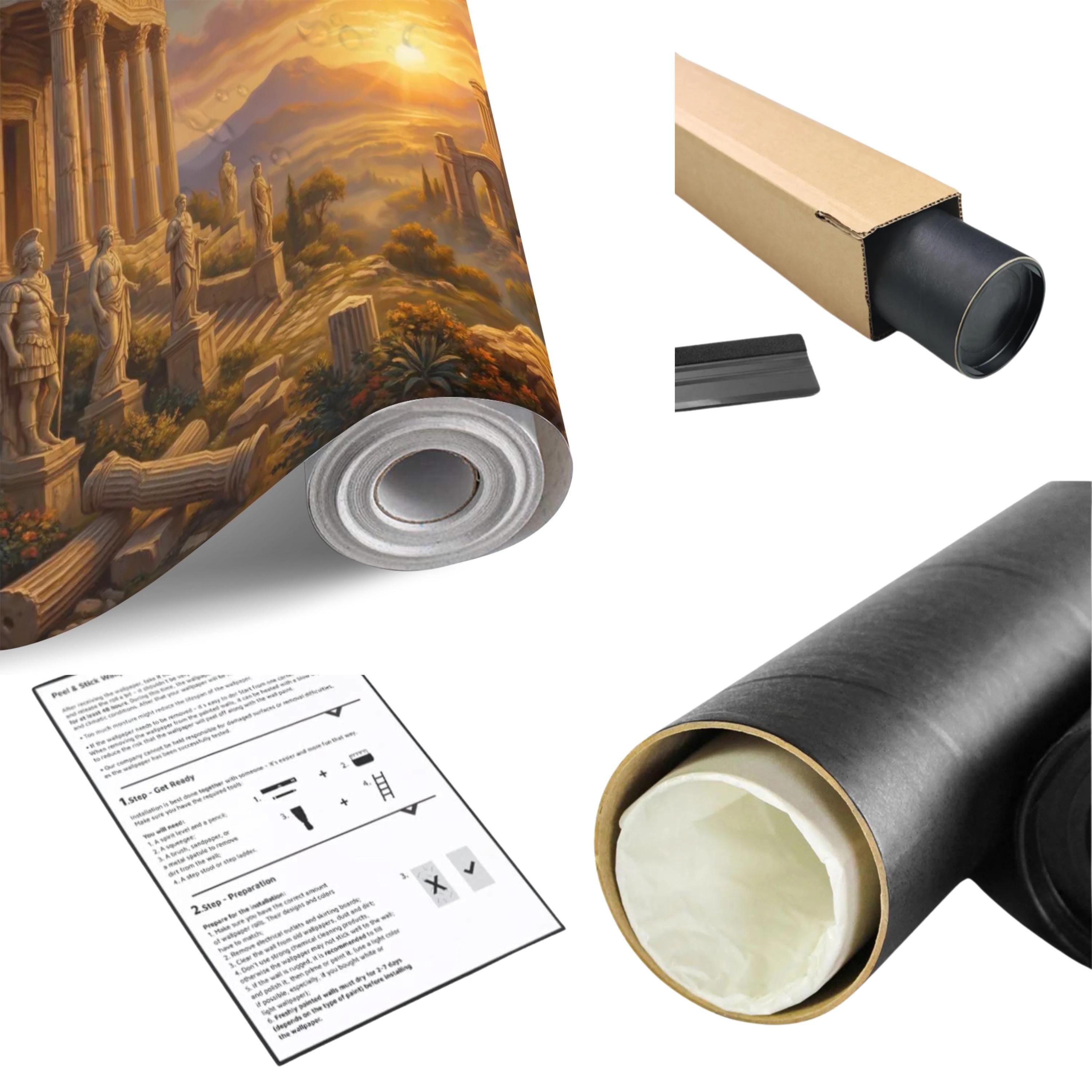 Ancient Greek Temple Peel and Stick Wall Mural, Classical Ruins Sunset Landscape, Mythic Mediterranean Wallpaper