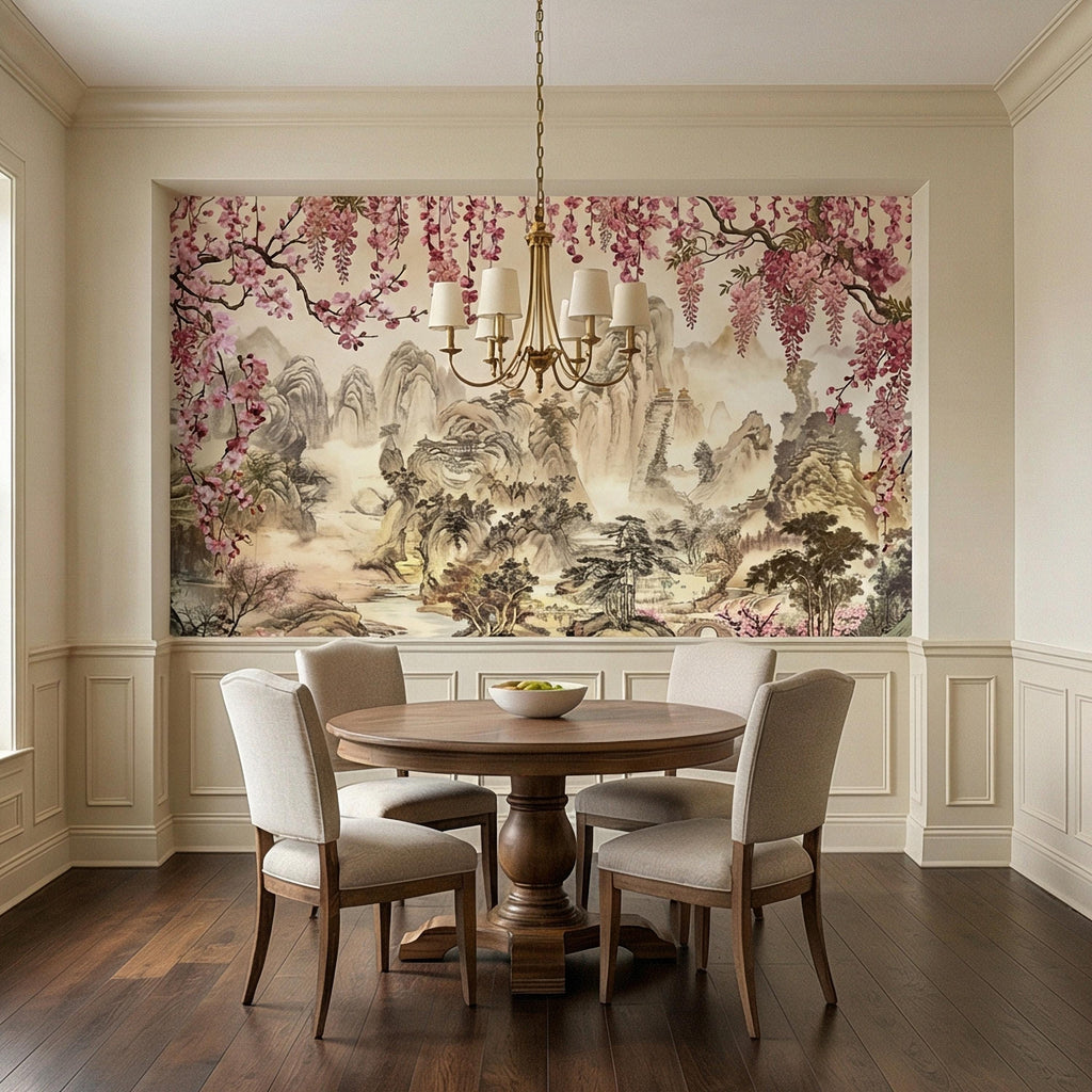 Cherry Blossom Asian Landscape Peel and Stick Wall Mural, Misty Mountain Pagoda River Scene, Chinoiserie Spring Garden Botanical Wallpaper