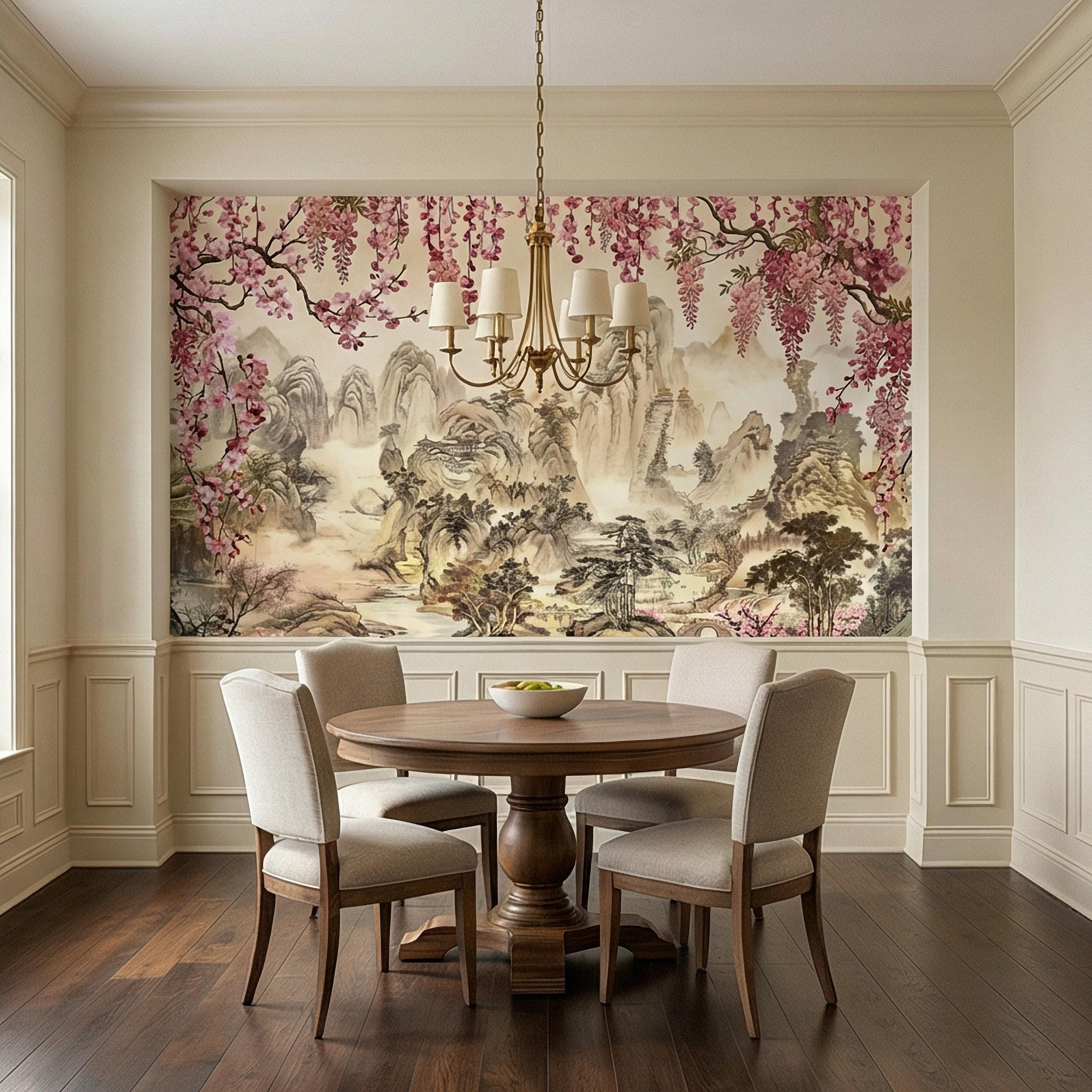 Cherry Blossom Asian Landscape Peel and Stick Wall Mural, Misty Mountain Pagoda River Scene, Chinoiserie Spring Garden Botanical Wallpaper