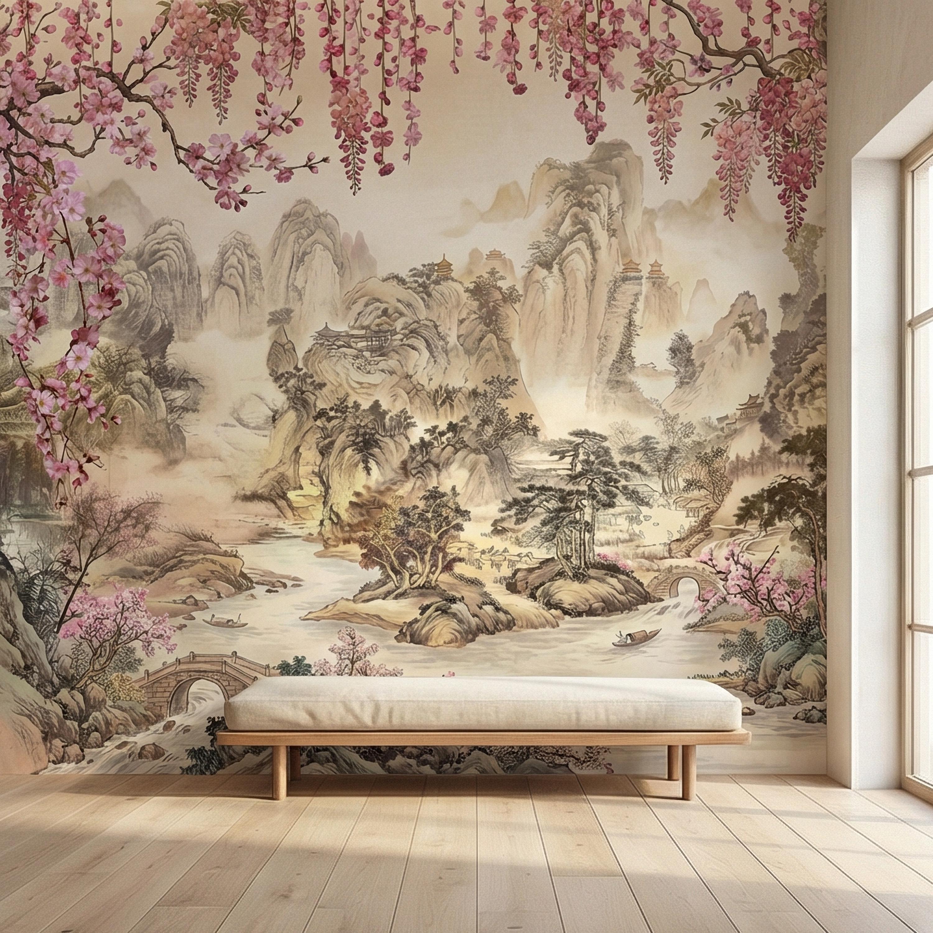 Cherry Blossom Asian Landscape Peel and Stick Wall Mural, Misty Mountain Pagoda River Scene, Chinoiserie Spring Garden Botanical Wallpaper