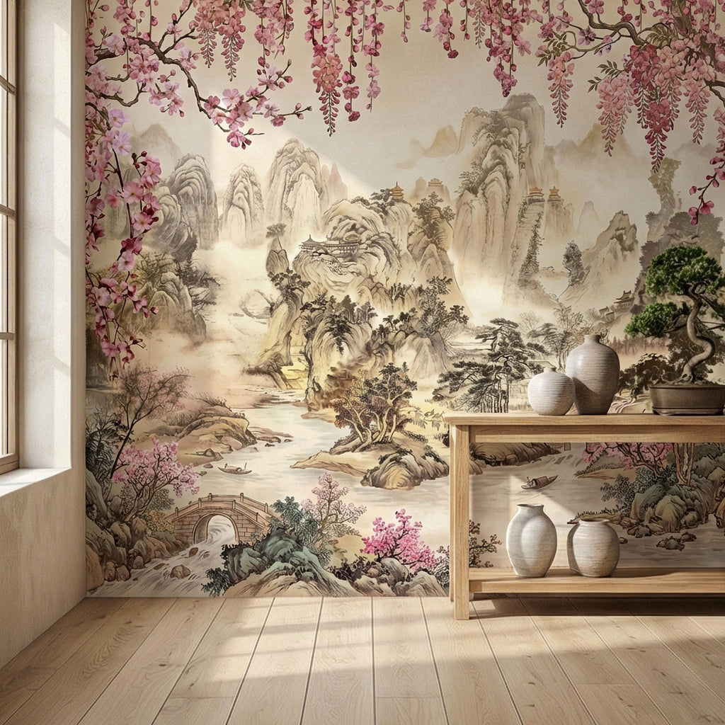 Cherry Blossom Asian Landscape Peel and Stick Wall Mural, Misty Mountain Pagoda River Scene, Chinoiserie Spring Garden Botanical Wallpaper