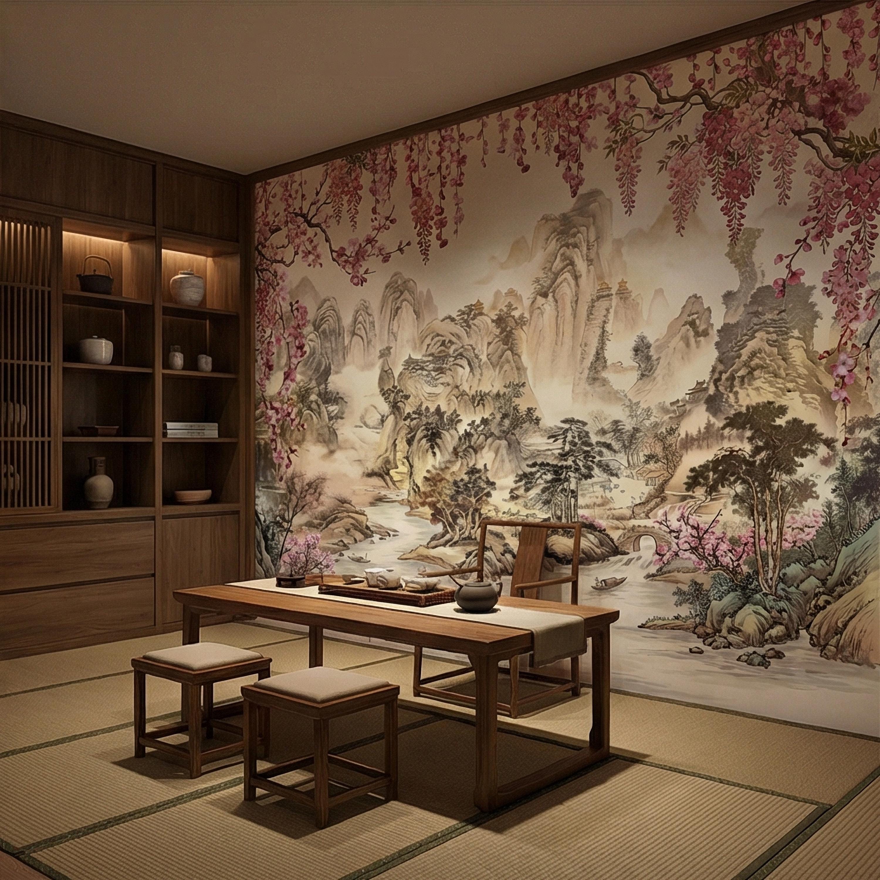 Cherry Blossom Asian Landscape Peel and Stick Wall Mural, Misty Mountain Pagoda River Scene, Chinoiserie Spring Garden Botanical Wallpaper