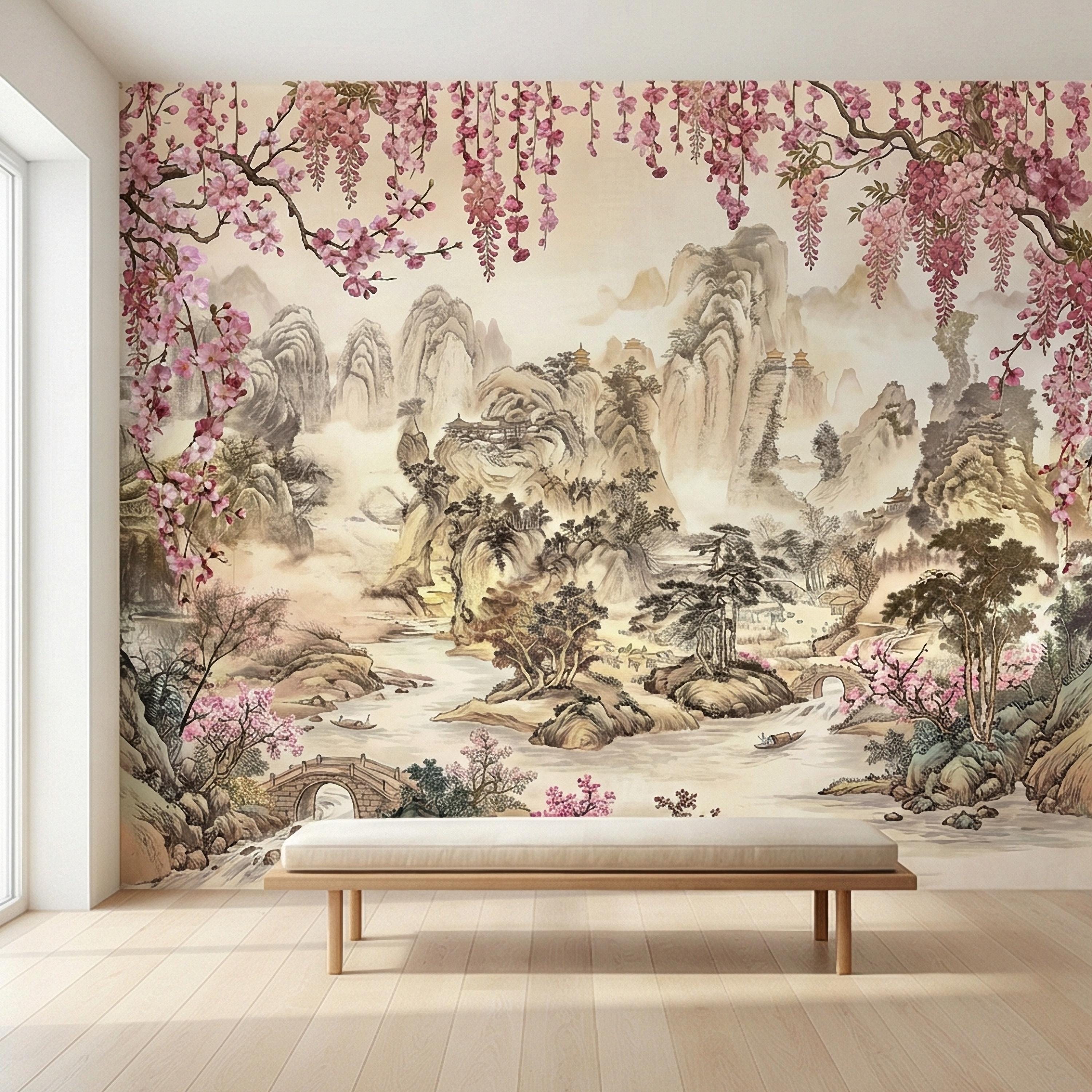 Cherry Blossom Asian Landscape Peel and Stick Wall Mural, Misty Mountain Pagoda River Scene, Chinoiserie Spring Garden Botanical Wallpaper