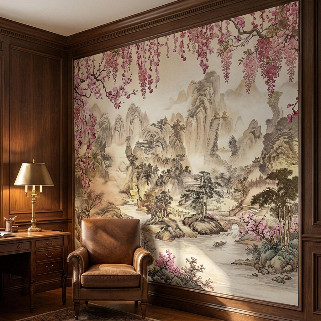 Cherry Blossom Asian Landscape Peel and Stick Wall Mural, Misty Mountain Pagoda River Scene, Chinoiserie Spring Garden Botanical Wallpaper