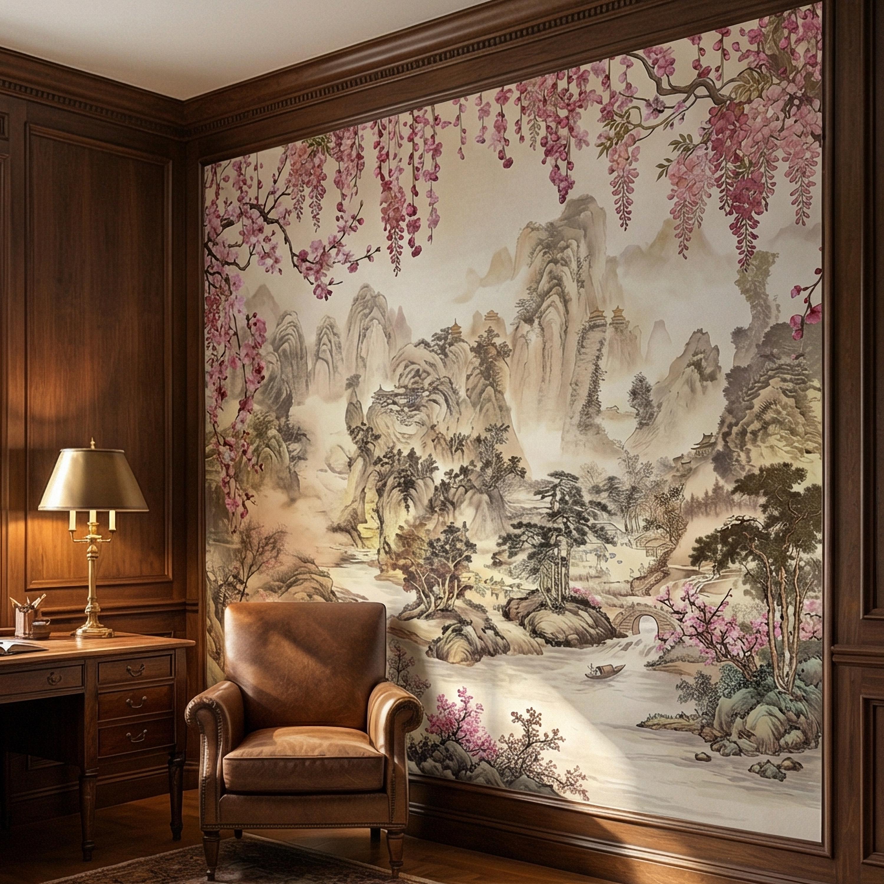 Cherry Blossom Asian Landscape Peel and Stick Wall Mural, Misty Mountain Pagoda River Scene, Chinoiserie Spring Garden Botanical Wallpaper