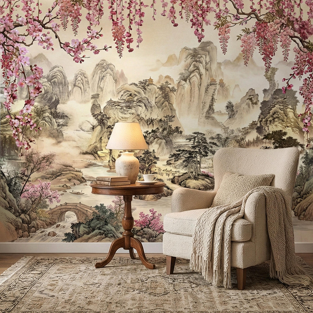 Cherry Blossom Asian Landscape Peel and Stick Wall Mural, Misty Mountain Pagoda River Scene, Chinoiserie Spring Garden Botanical Wallpaper