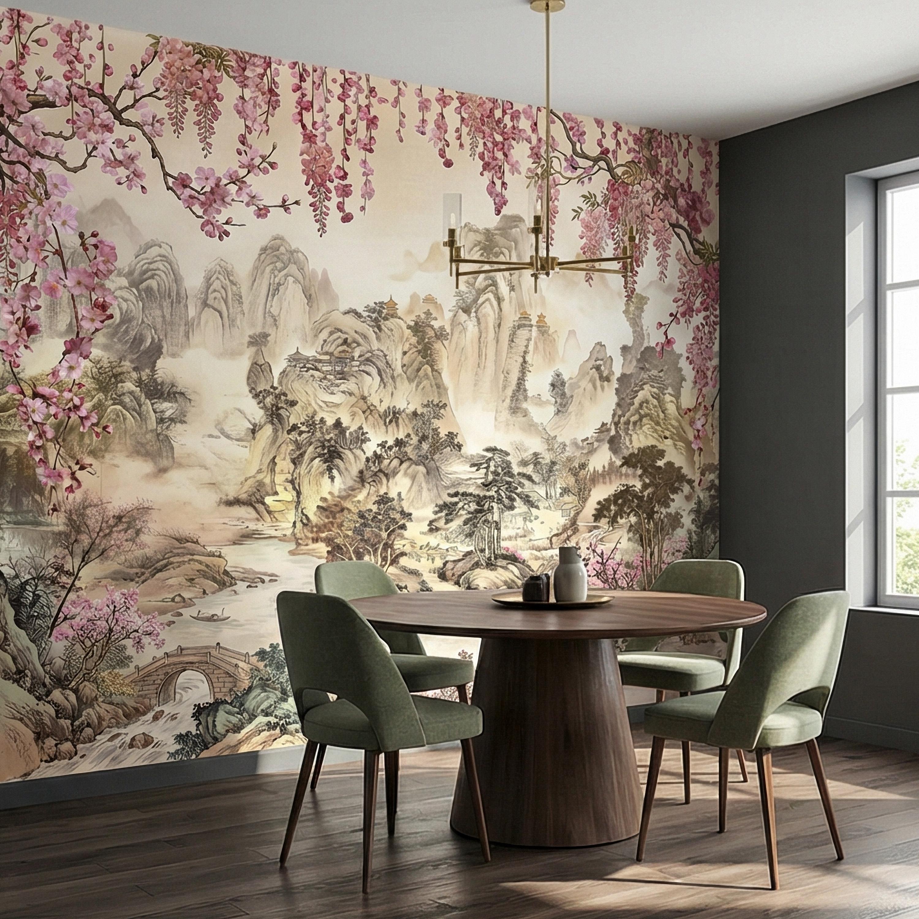 Cherry Blossom Asian Landscape Peel and Stick Wall Mural, Misty Mountain Pagoda River Scene, Chinoiserie Spring Garden Botanical Wallpaper
