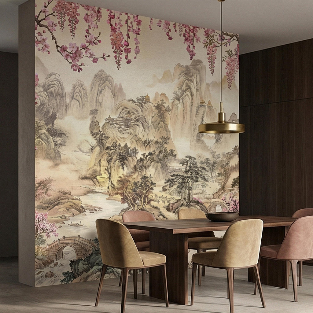 Cherry Blossom Asian Landscape Peel and Stick Wall Mural, Misty Mountain Pagoda River Scene, Chinoiserie Spring Garden Botanical Wallpaper