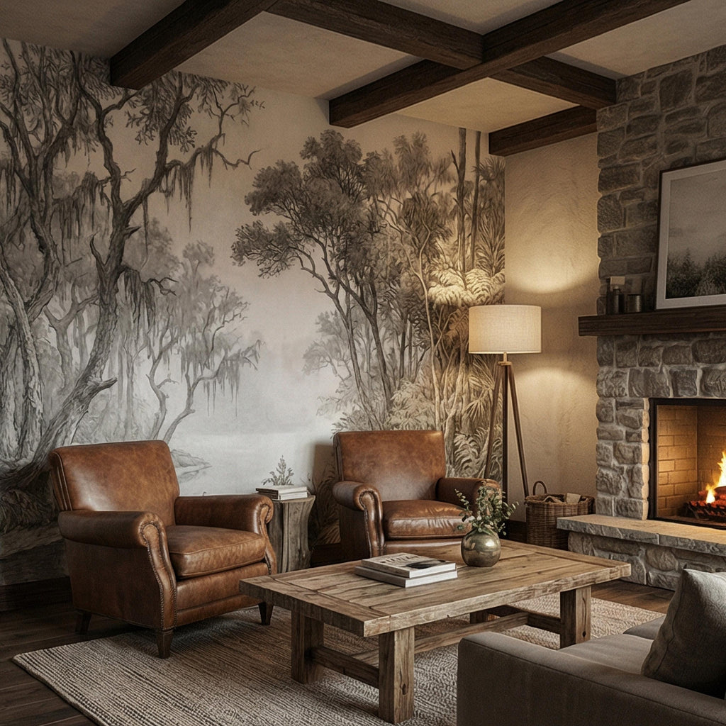 Misty Bayou Peel and Stick Wall Mural, Detailed Monochrome Pencil Sketch Landscape, Southern Swamp Forest River, Moody Gray Scenic Wallpaper