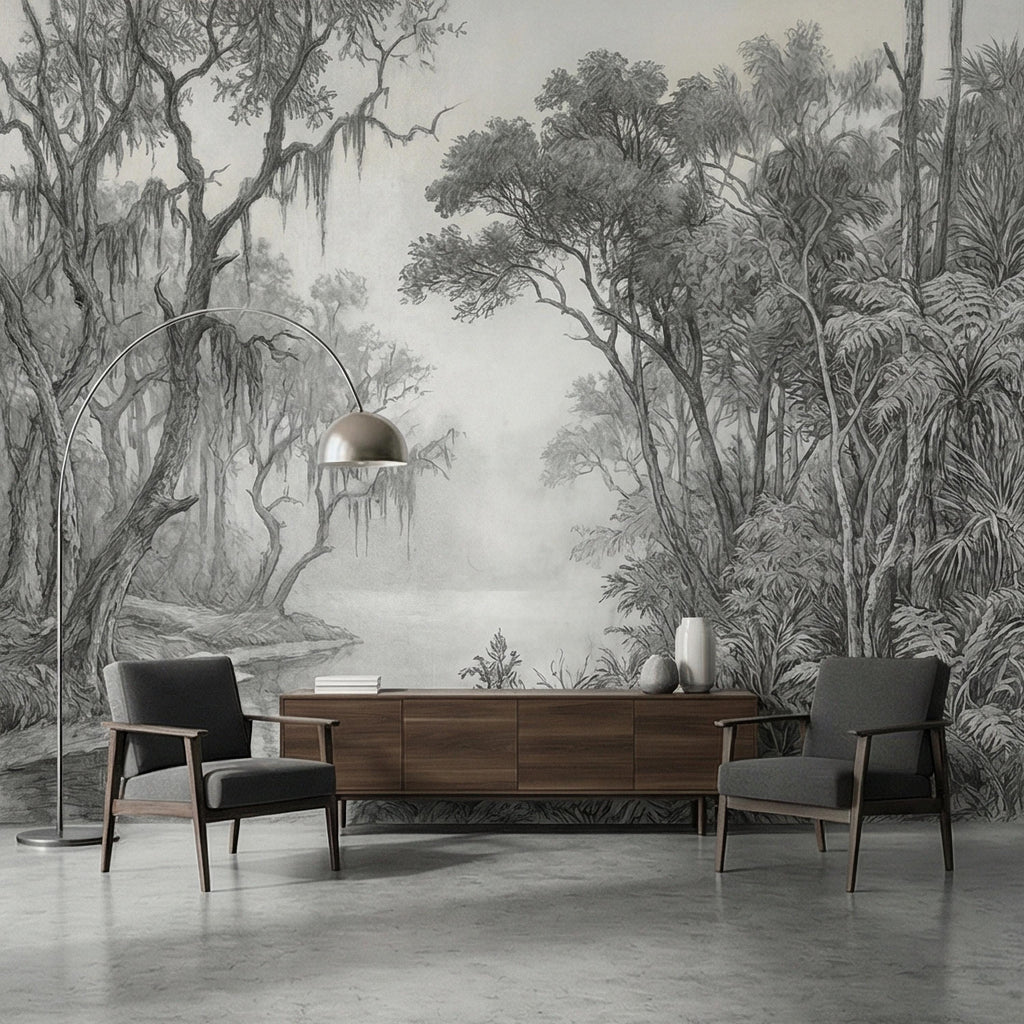 Misty Bayou Peel and Stick Wall Mural, Detailed Monochrome Pencil Sketch Landscape, Southern Swamp Forest River, Moody Gray Scenic Wallpaper