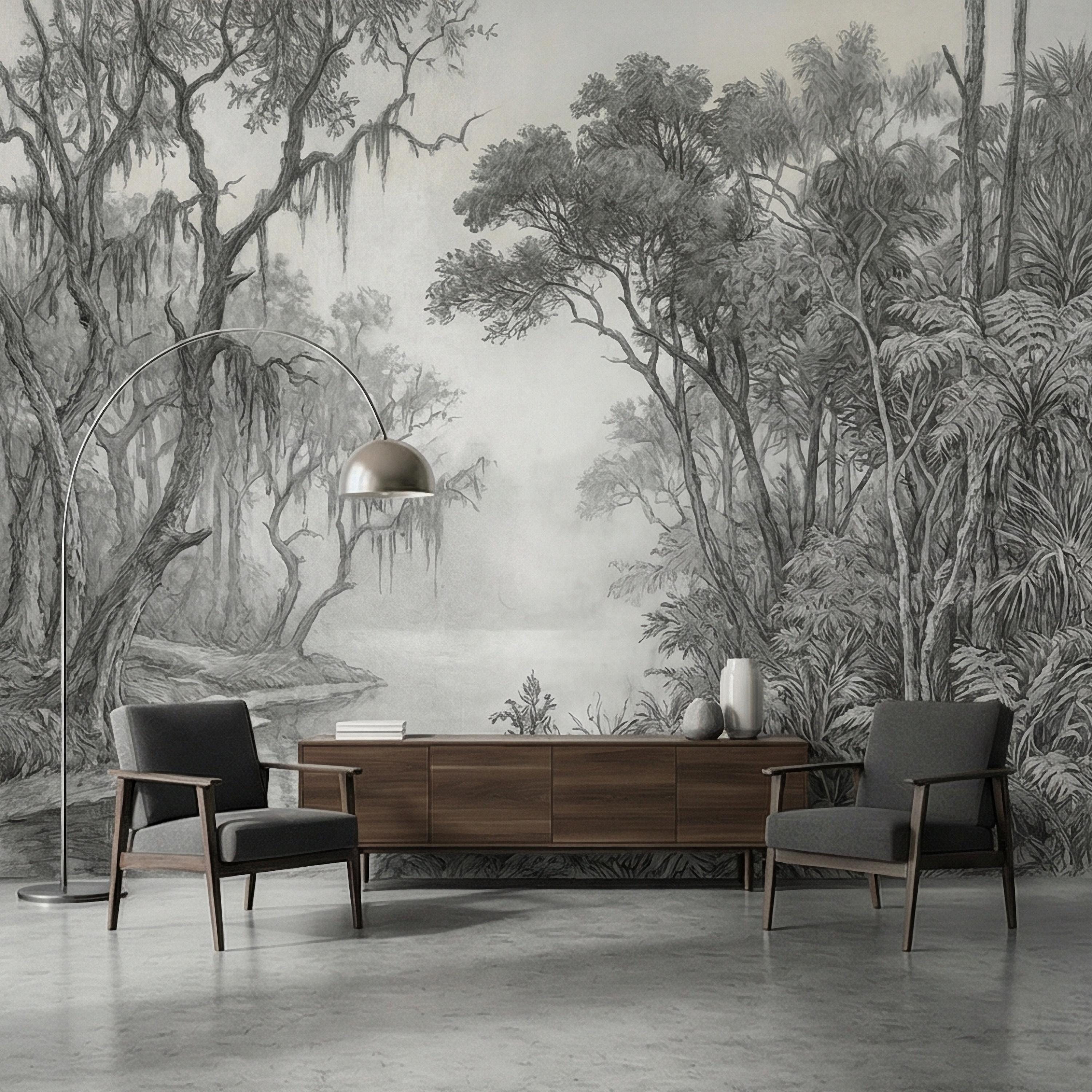 Misty Bayou Peel and Stick Wall Mural, Detailed Monochrome Pencil Sketch Landscape, Southern Swamp Forest River, Moody Gray Scenic Wallpaper