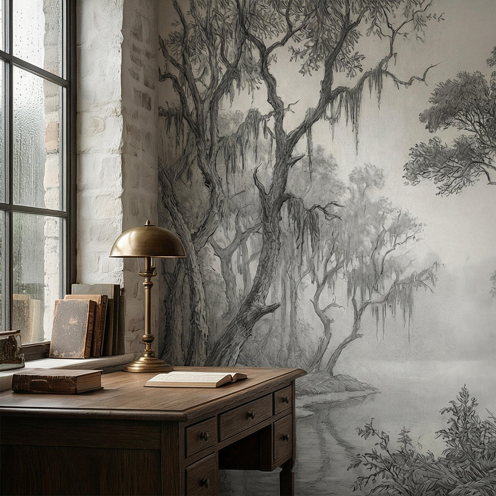 Misty Bayou Peel and Stick Wall Mural, Detailed Monochrome Pencil Sketch Landscape, Southern Swamp Forest River, Moody Gray Scenic Wallpaper