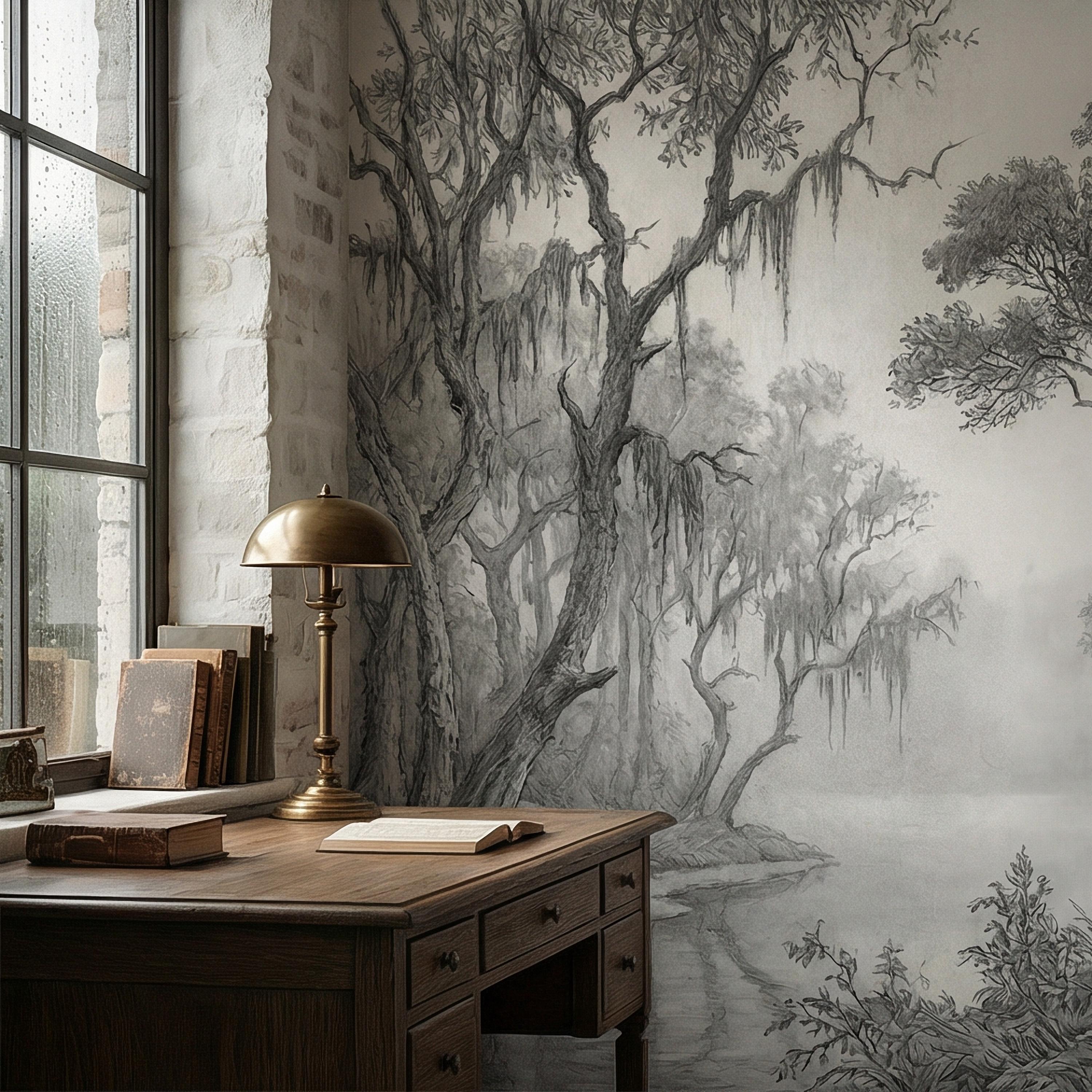 Misty Bayou Peel and Stick Wall Mural, Detailed Monochrome Pencil Sketch Landscape, Southern Swamp Forest River, Moody Gray Scenic Wallpaper