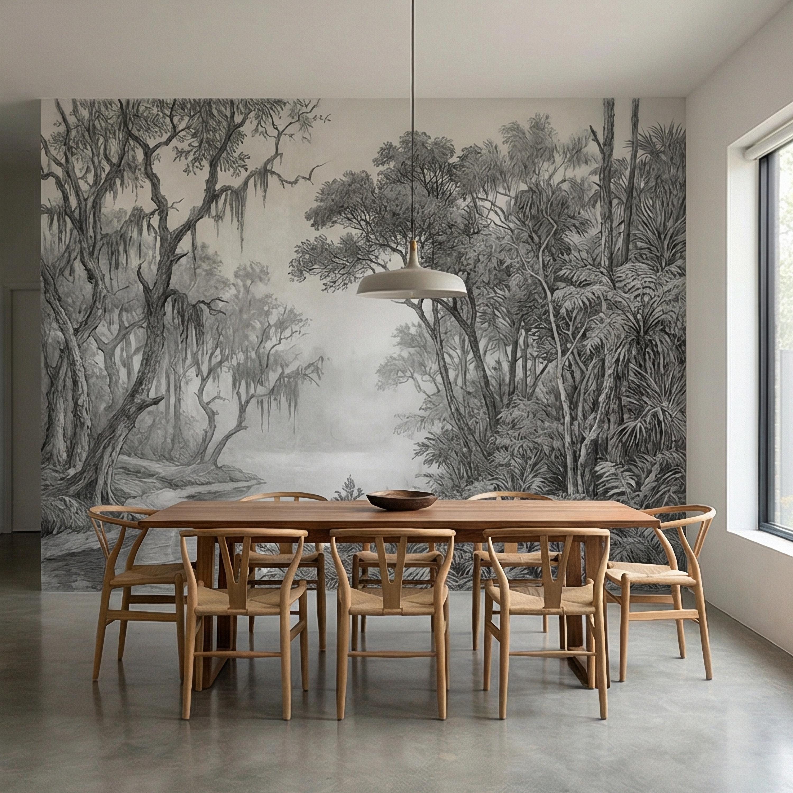 Misty Bayou Peel and Stick Wall Mural, Detailed Monochrome Pencil Sketch Landscape, Southern Swamp Forest River, Moody Gray Scenic Wallpaper