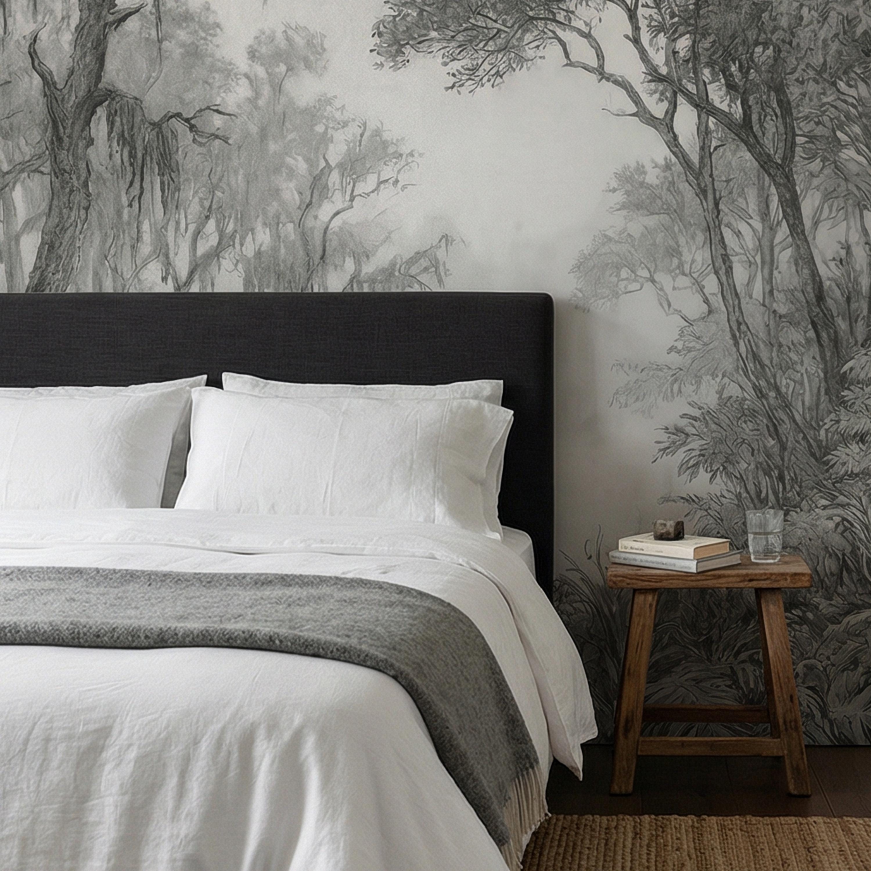Misty Bayou Peel and Stick Wall Mural, Detailed Monochrome Pencil Sketch Landscape, Southern Swamp Forest River, Moody Gray Scenic Wallpaper