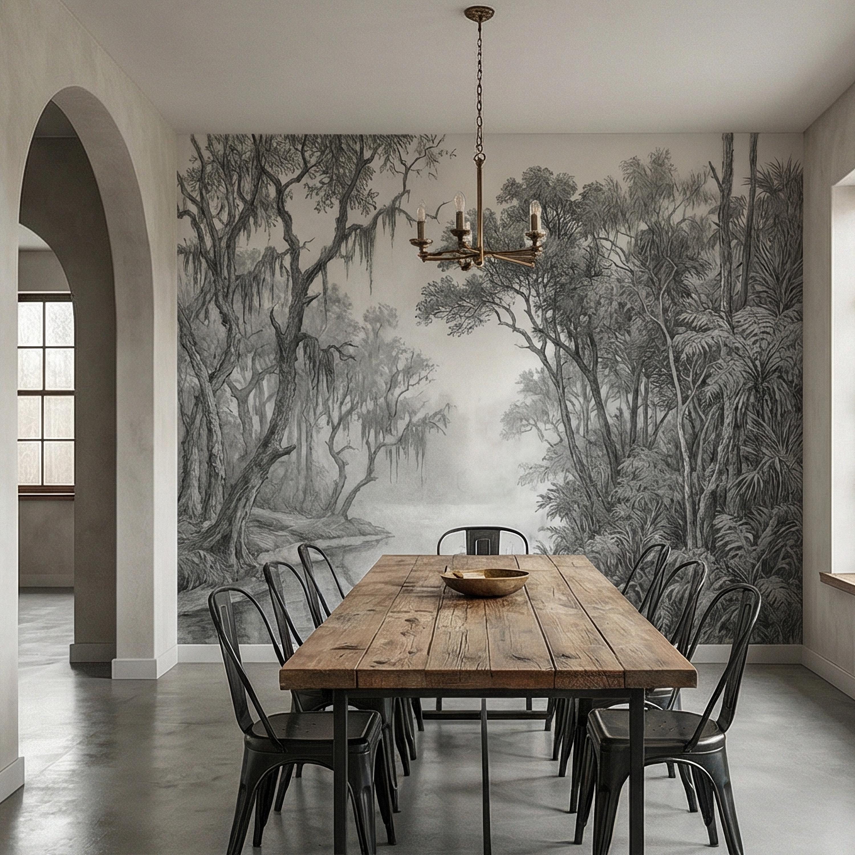 Misty Bayou Peel and Stick Wall Mural, Detailed Monochrome Pencil Sketch Landscape, Southern Swamp Forest River, Moody Gray Scenic Wallpaper