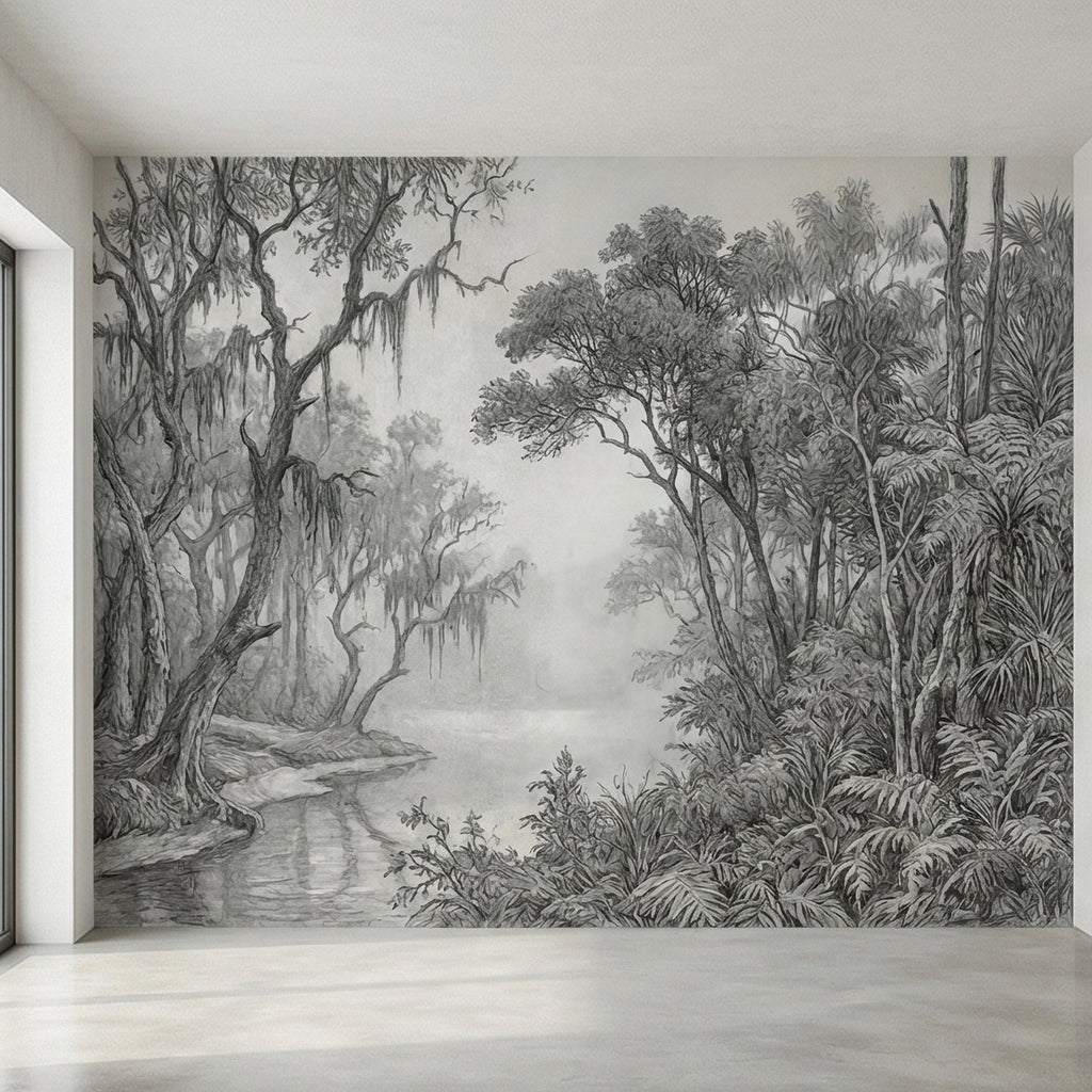 Misty Bayou Peel and Stick Wall Mural, Detailed Monochrome Pencil Sketch Landscape, Southern Swamp Forest River, Moody Gray Scenic Wallpaper
