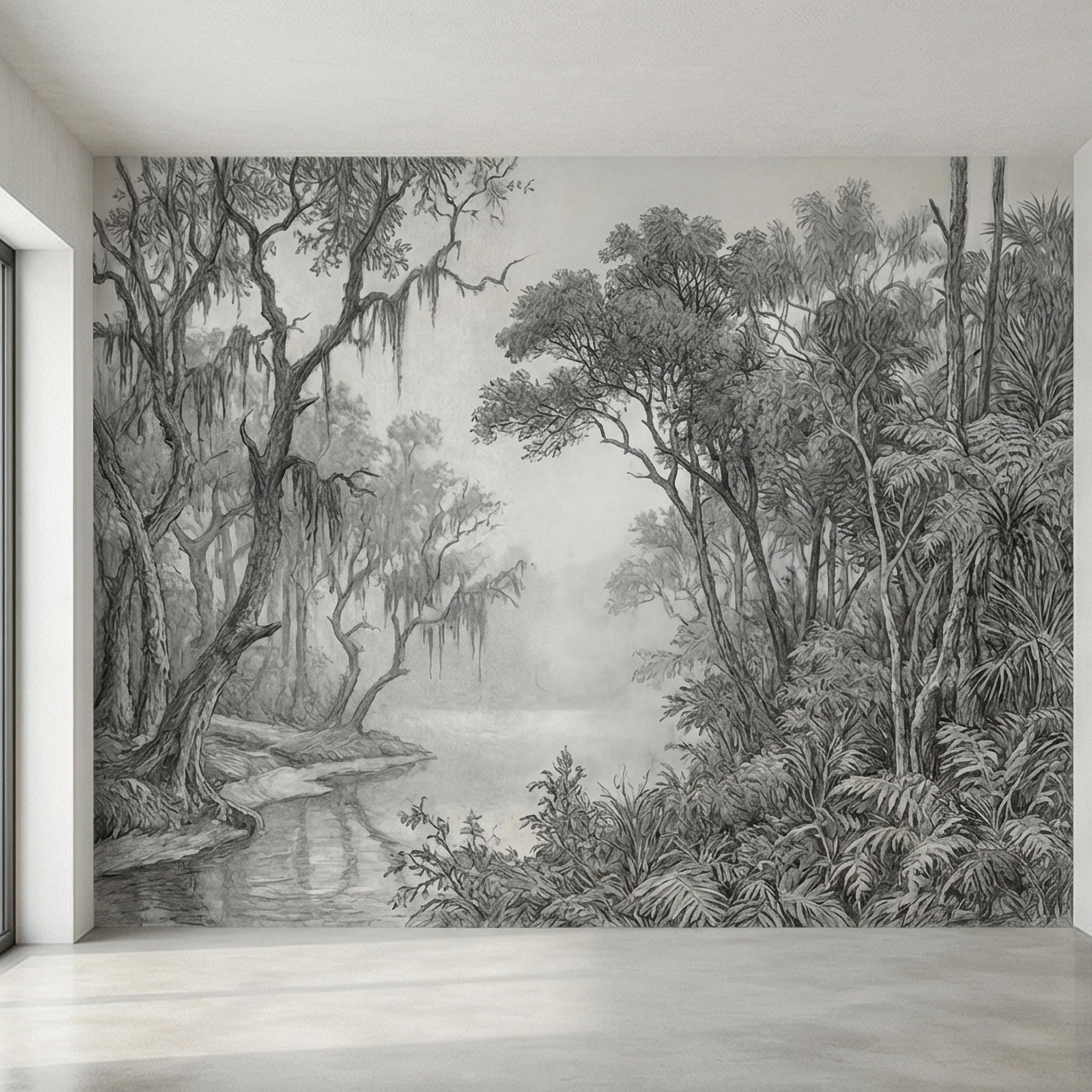 Misty Bayou Peel and Stick Wall Mural, Detailed Monochrome Pencil Sketch Landscape, Southern Swamp Forest River, Moody Gray Scenic Wallpaper