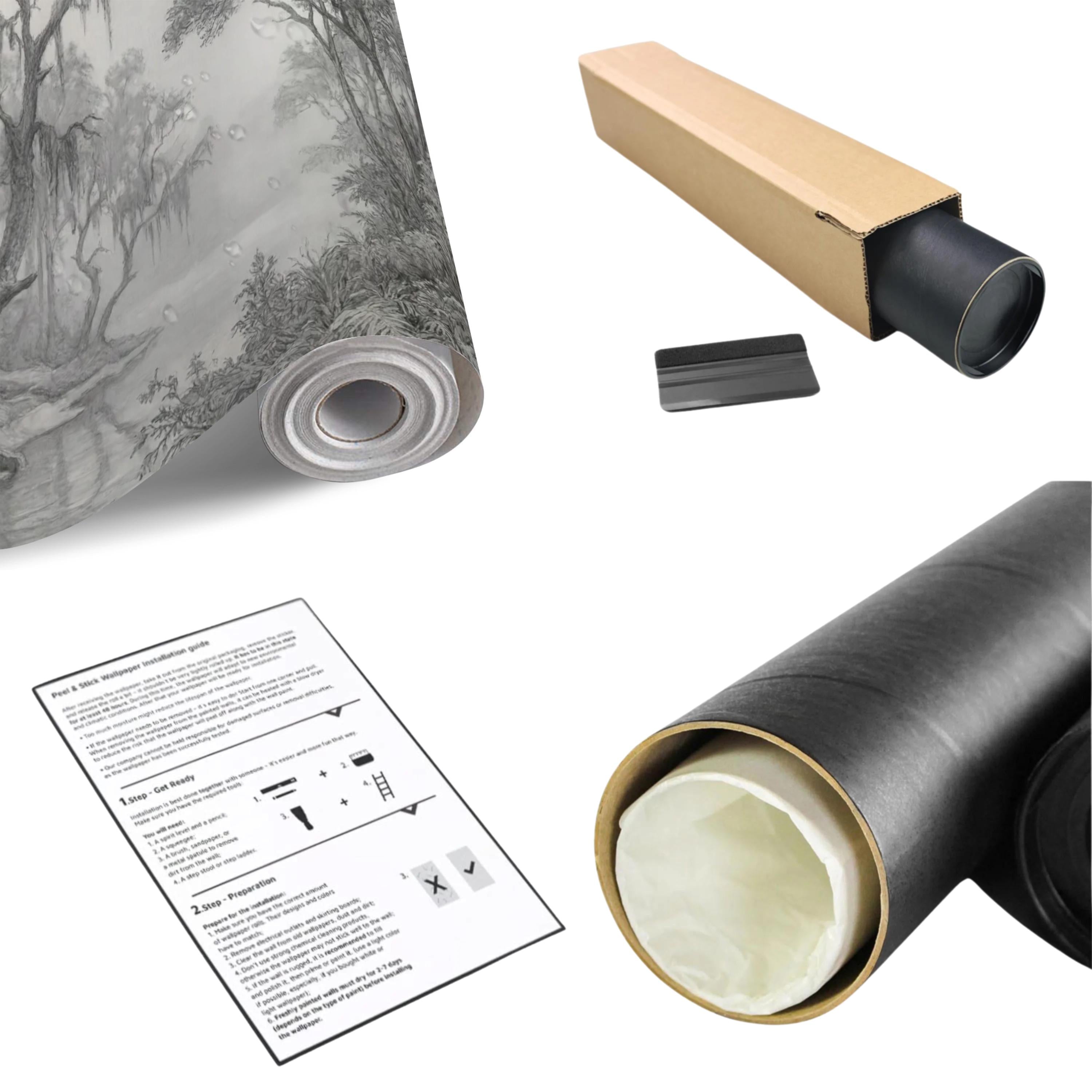 Misty Bayou Peel and Stick Wall Mural, Detailed Monochrome Pencil Sketch Landscape, Southern Swamp Forest River, Moody Gray Scenic Wallpaper