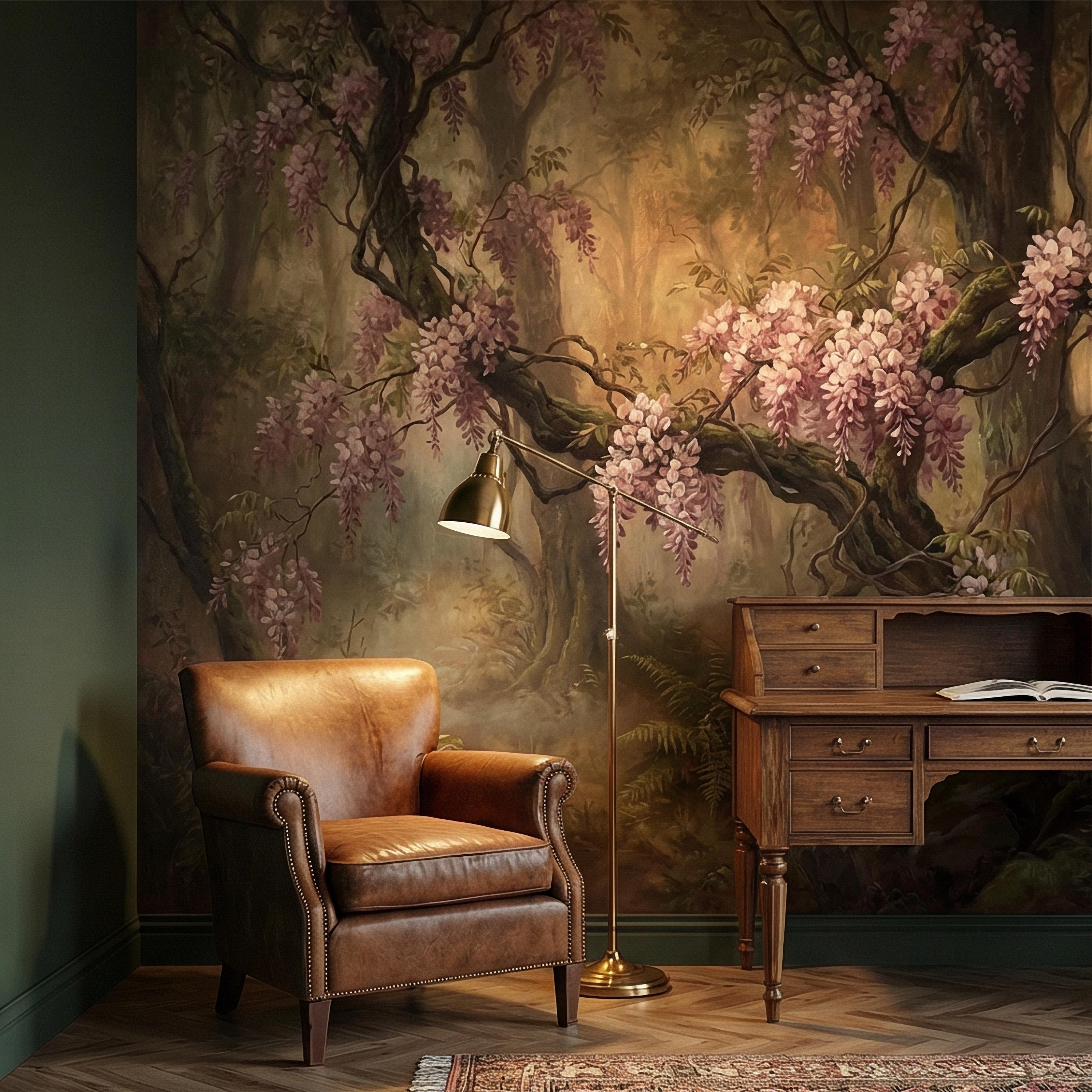 Misty Wisteria Forest Peel and Stick Wall Mural, Moody Floral Woodland, Romantic Botanical Wallpaper