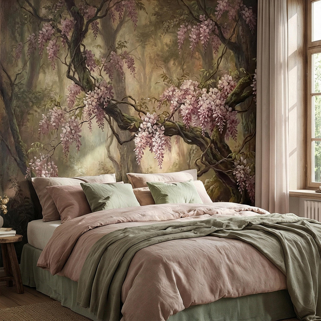 Misty Wisteria Forest Peel and Stick Wall Mural, Moody Floral Woodland, Romantic Botanical Wallpaper