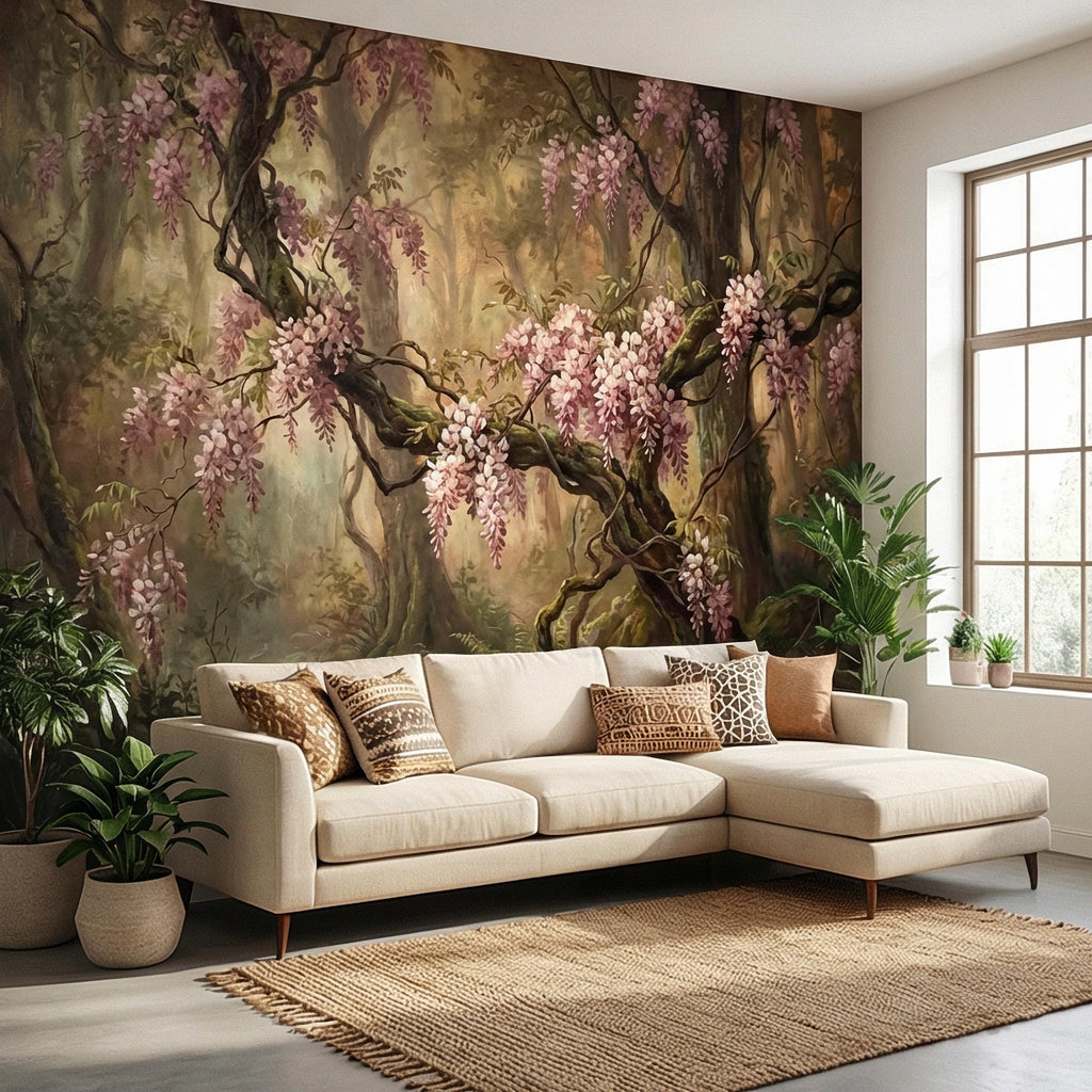 Misty Wisteria Forest Peel and Stick Wall Mural, Moody Floral Woodland, Romantic Botanical Wallpaper